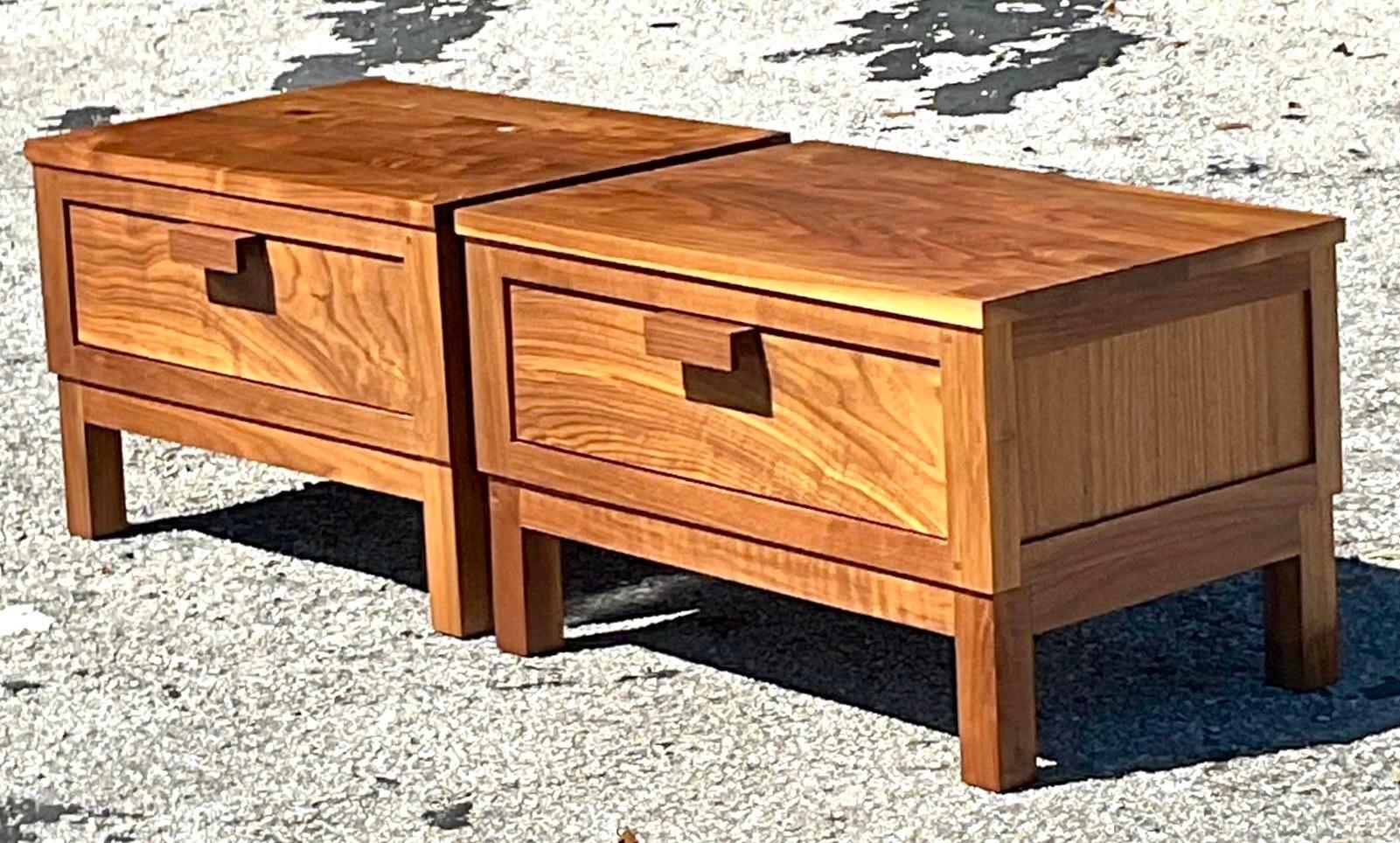 American Boho Polished Teak Low Profile Nightstands - a Pair For Sale