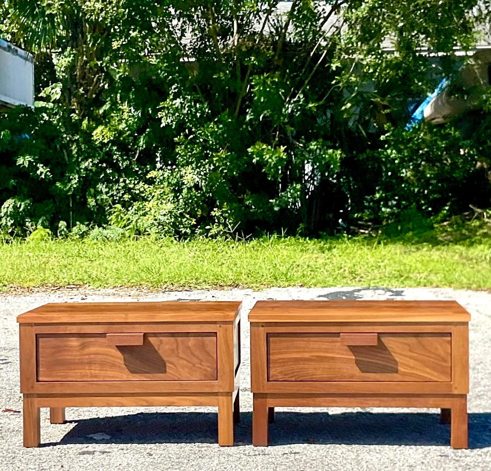 Boho Polished Teak Low Profile Nightstands - a Pair In Good Condition For Sale In west palm beach, FL
