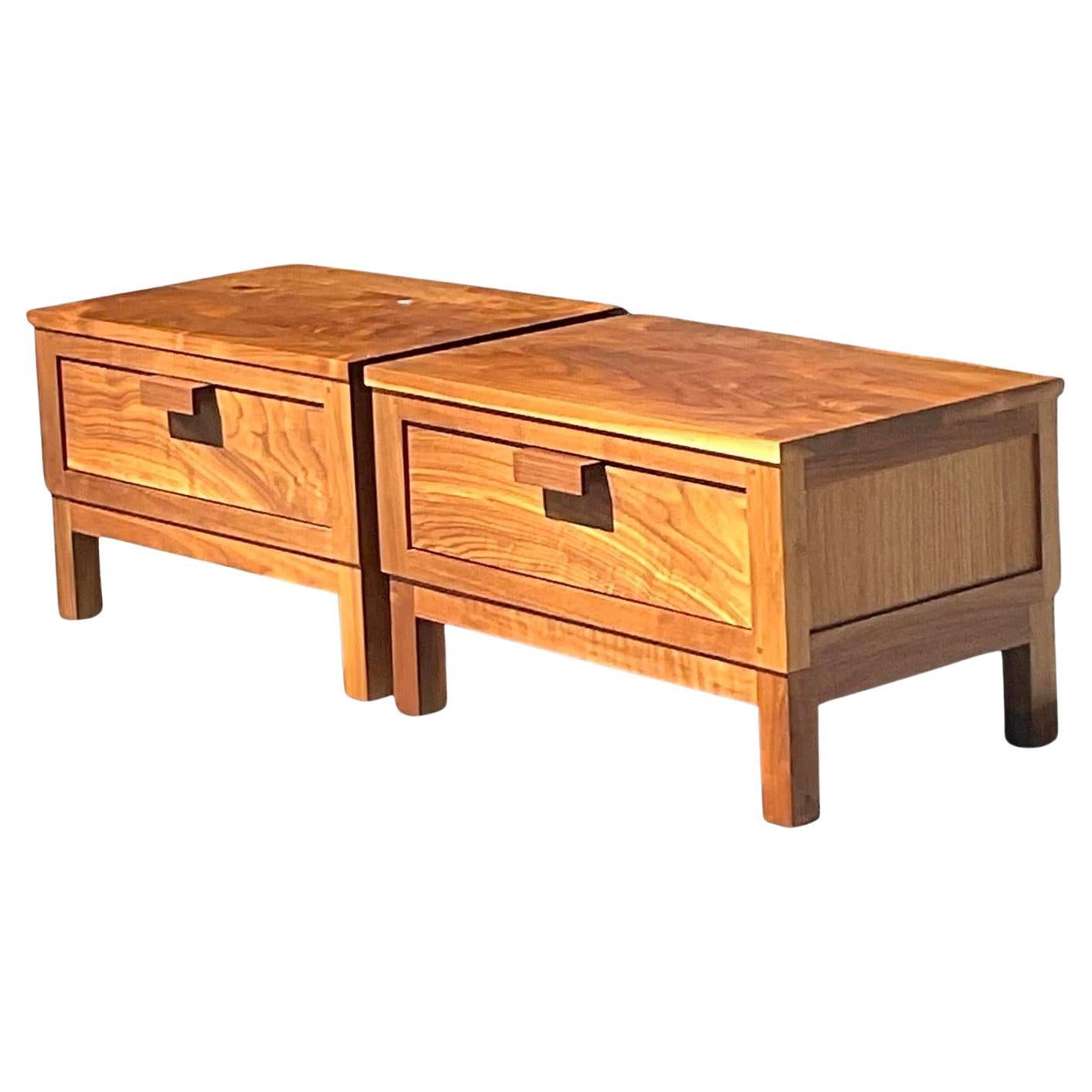 Boho Polished Teak Low Profile Nightstands - a Pair For Sale
