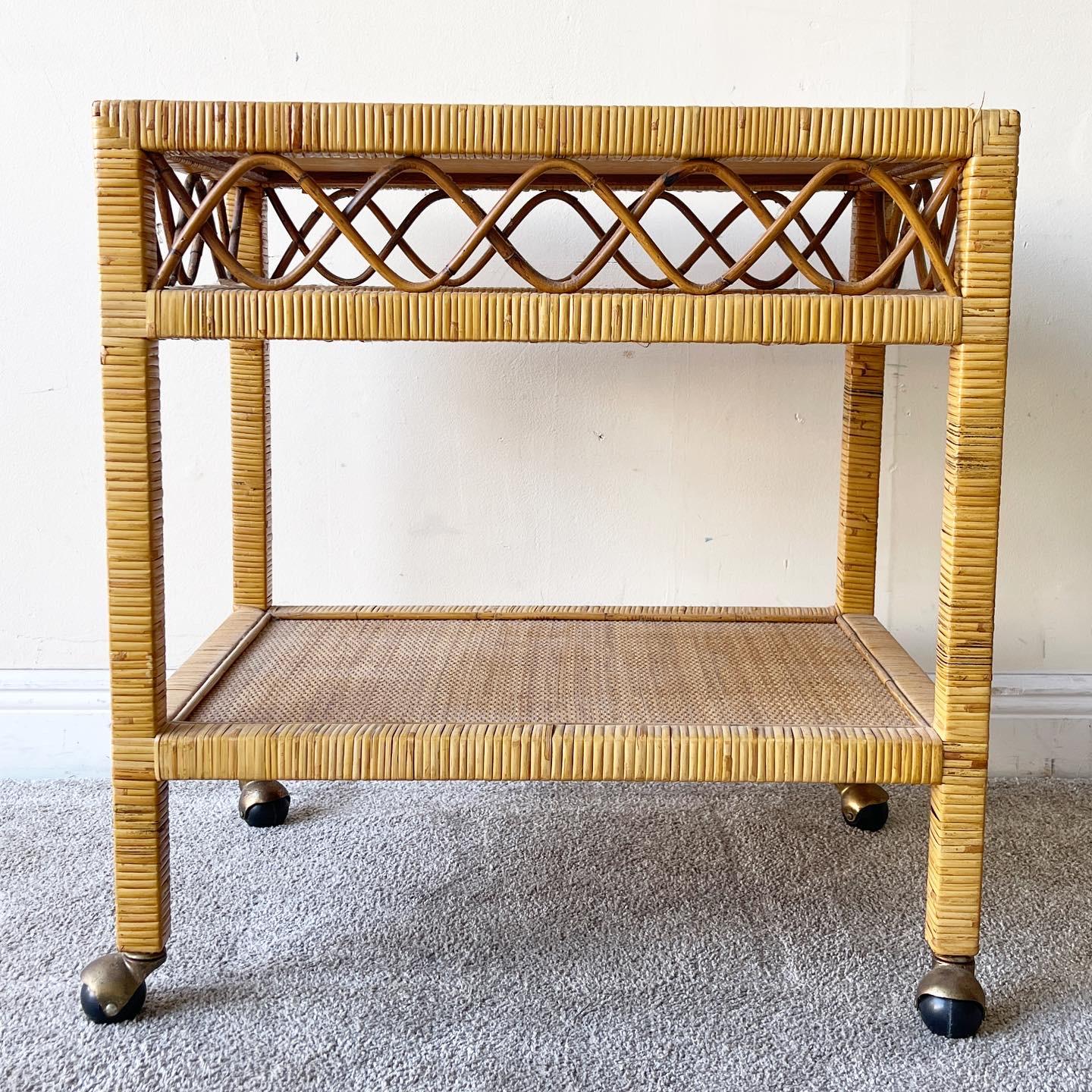 Bohemian Boho Rattan and Wicker Side Table/Cart For Sale