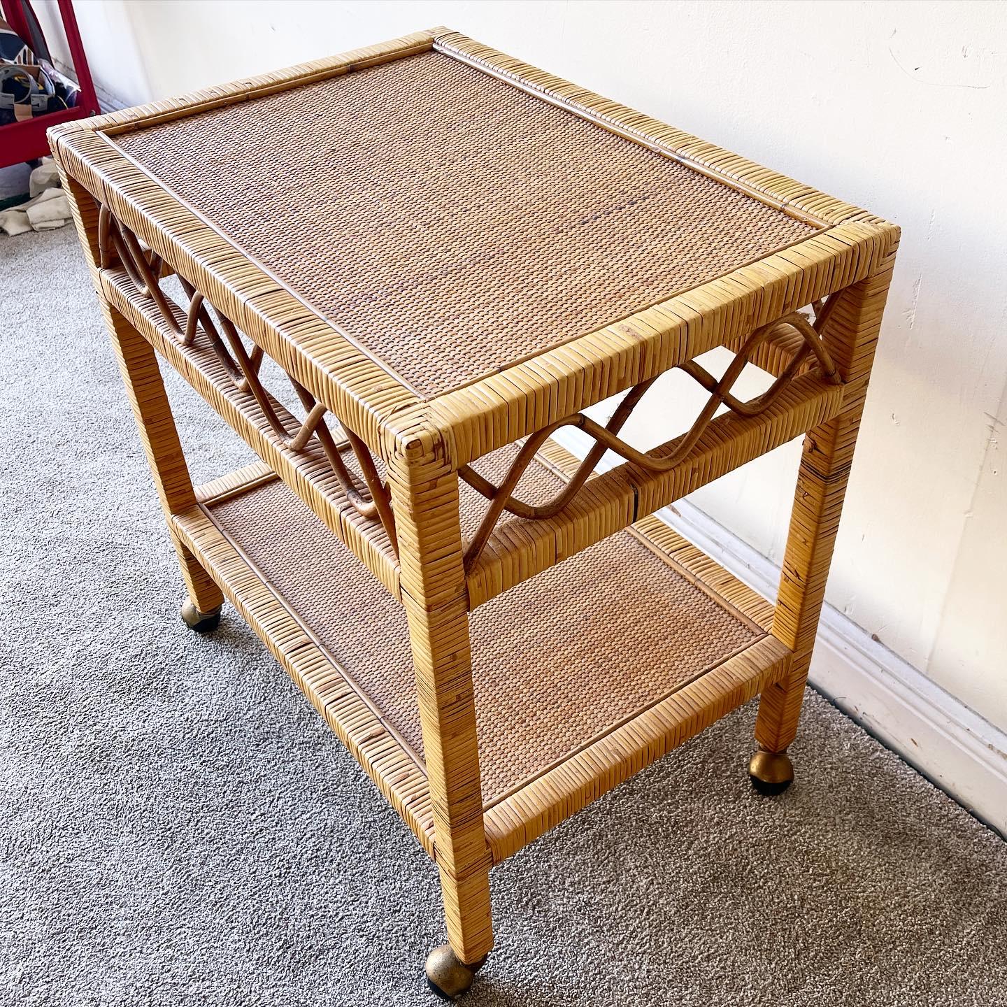 Caning Boho Rattan and Wicker Side Table/Cart For Sale