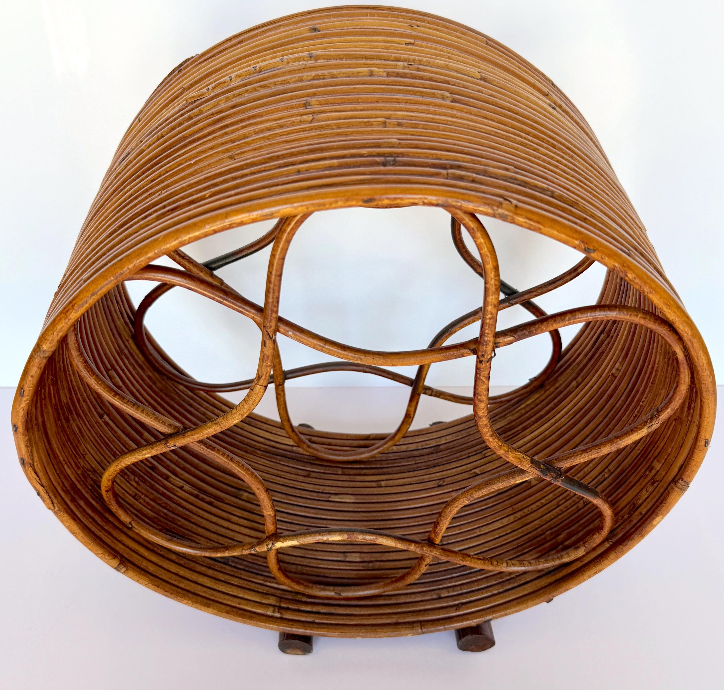 Mid-Century Modern Boho Rattan  Circular Porthole 6 Bottle Wine Caddy/ Rack For Sale
