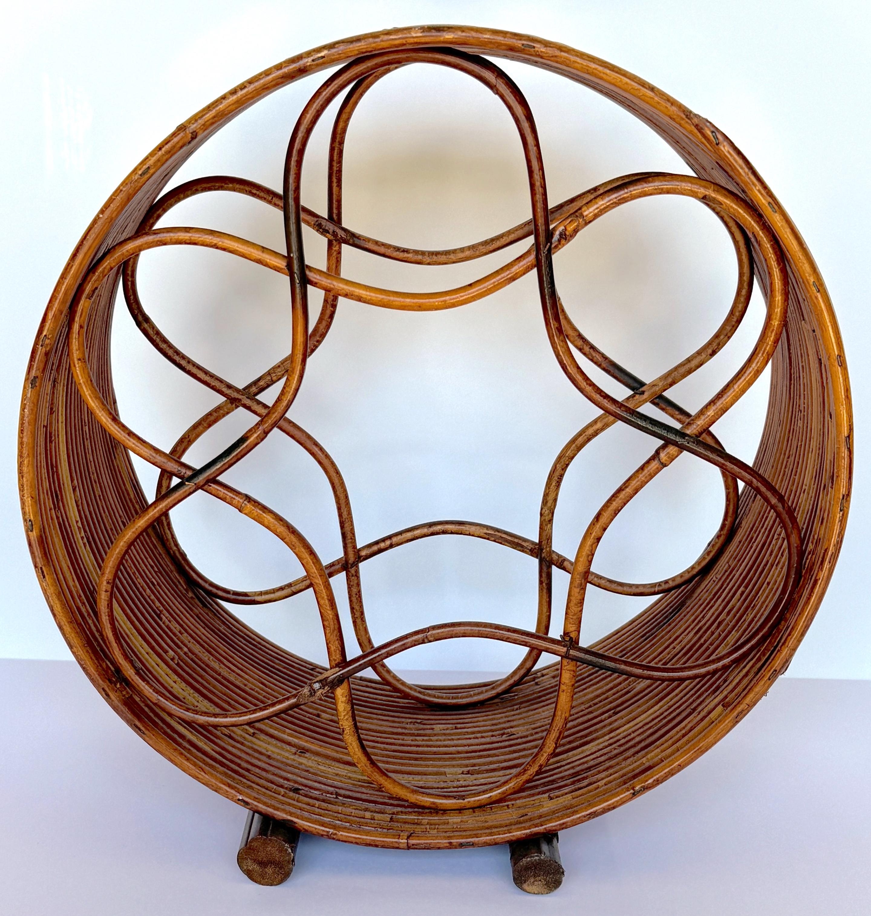 Bamboo Boho Rattan  Circular Porthole 6 Bottle Wine Caddy/ Rack For Sale