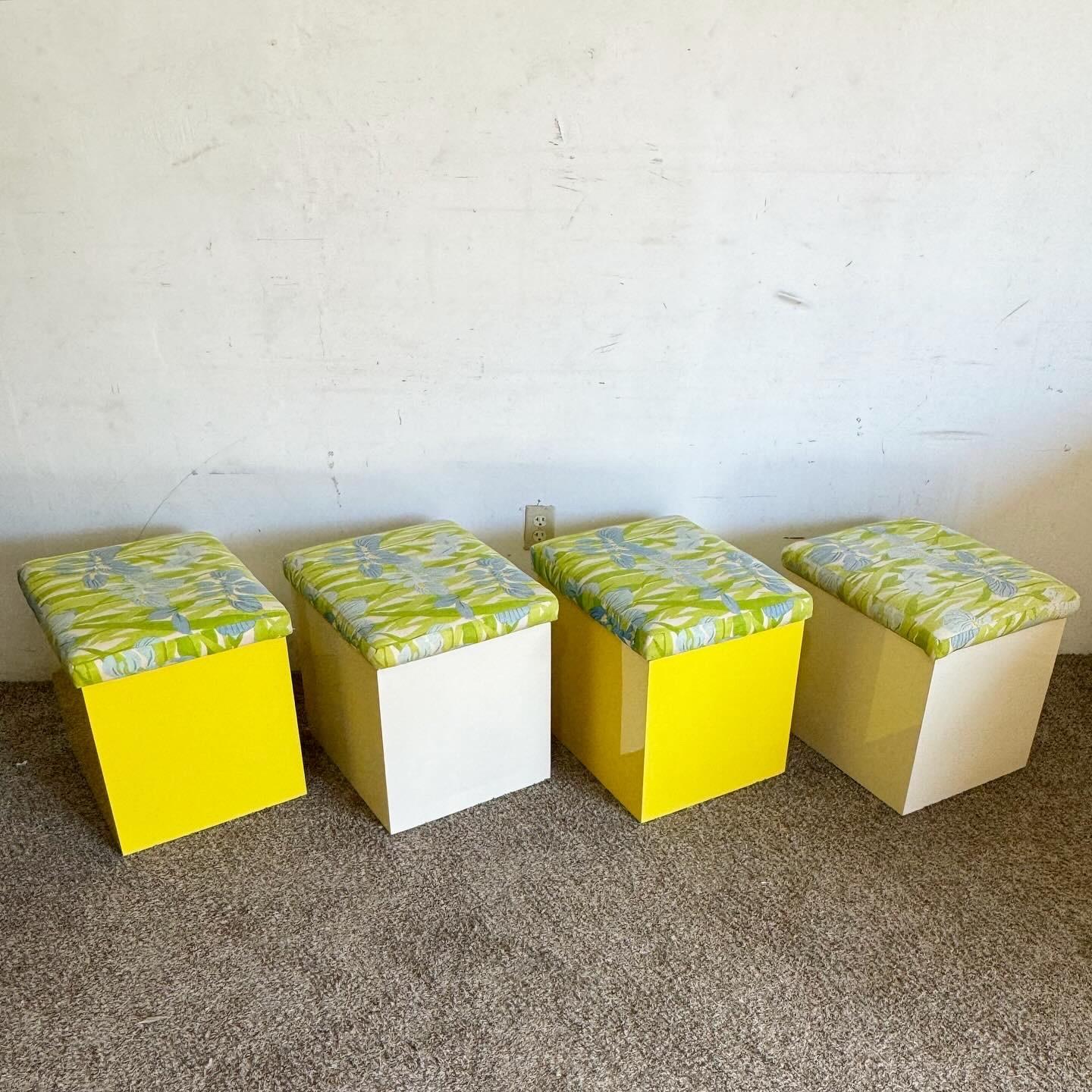 American Boho Regency Yellow and Off White Lacquer Laminate Floral Cushion Low Stools For Sale