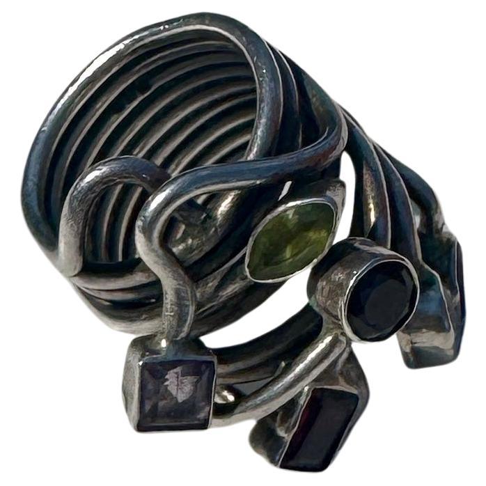 Boho ring with multicolored natural stones in 925 sterling silver