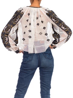 Boho Romanian Hand Embroidered Net Blouse With Gold Details