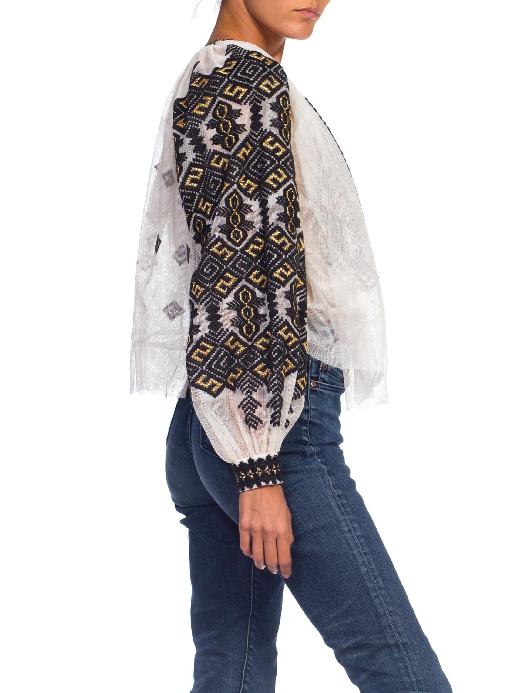 Women's Boho Romanian Hand Embroidered Net Blouse With Gold Details
