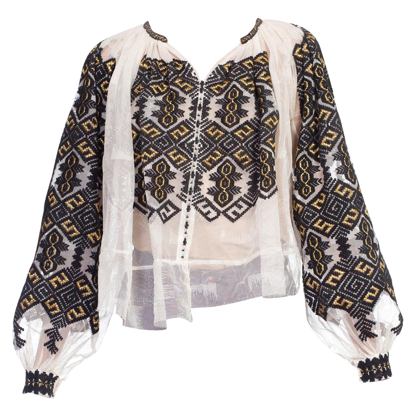 Boho Romanian Hand Embroidered Net Blouse With Gold Details