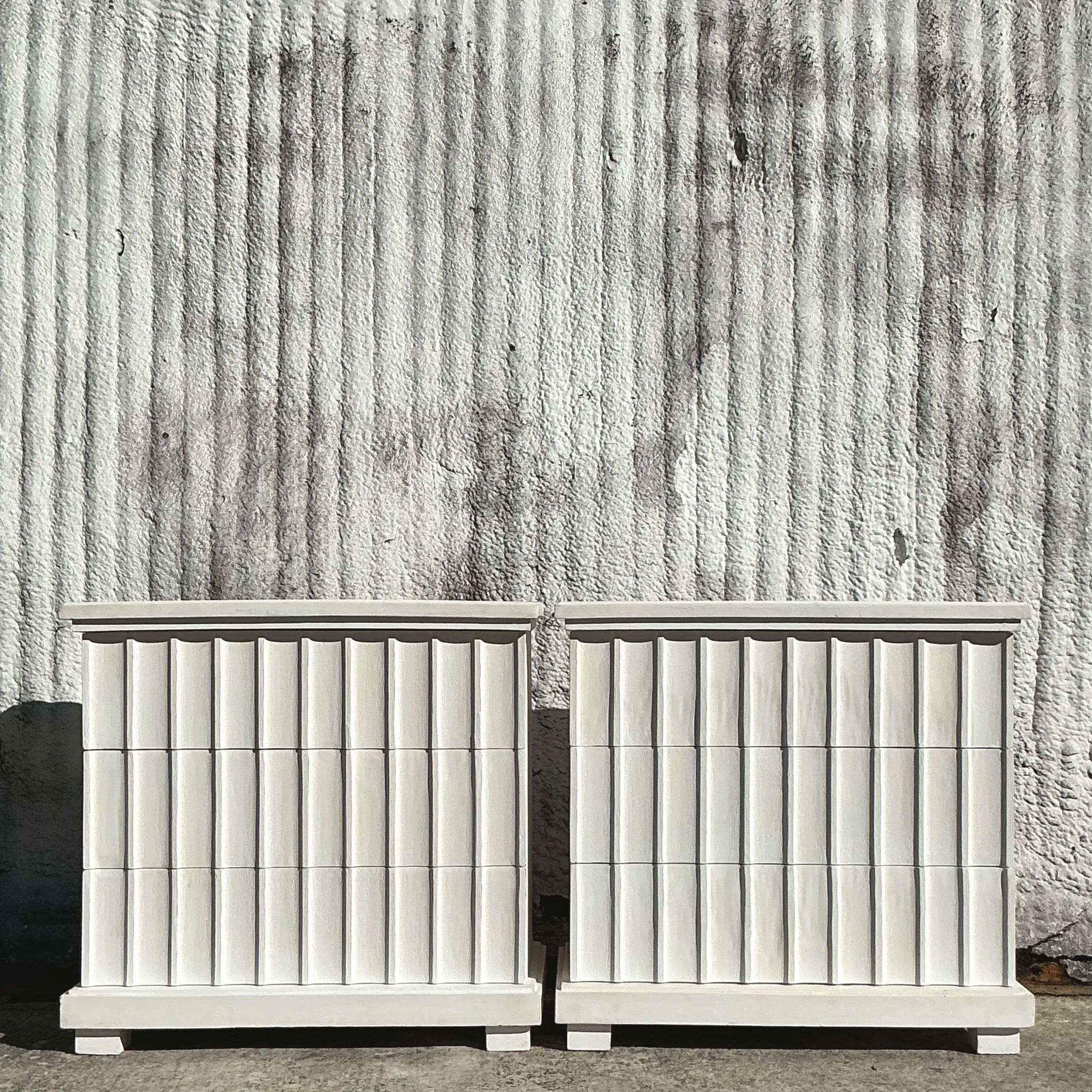 Mid-Century Modern Boho Scalloped Chest of Drawers - a Pair