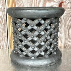 Boho Side Table Chic African Bambileke Style in a Deep Ebony Brown Finish