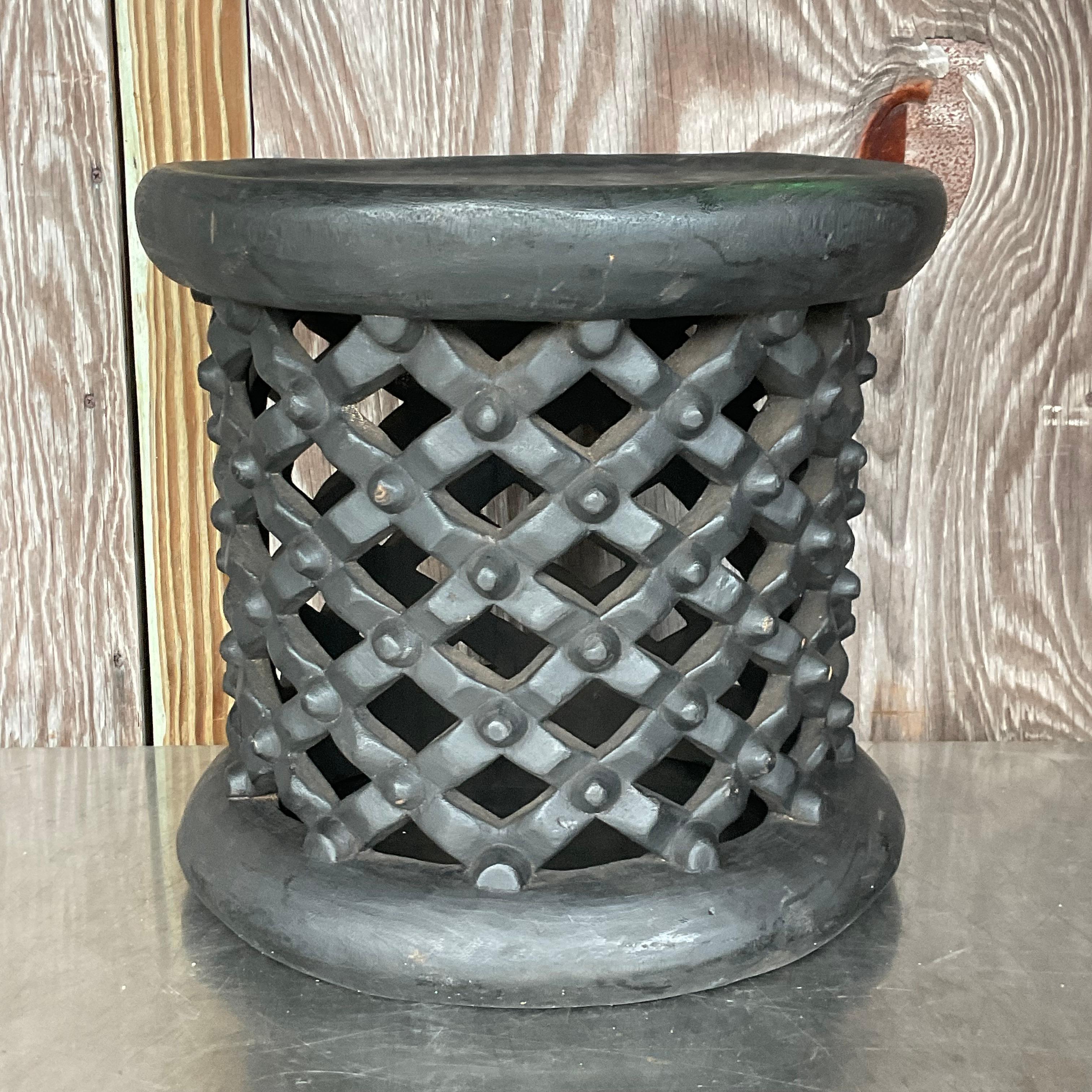 Botswanan Boho Side Table Chic African Bambileke Style in a Deep Ebony Brown Finish For Sale