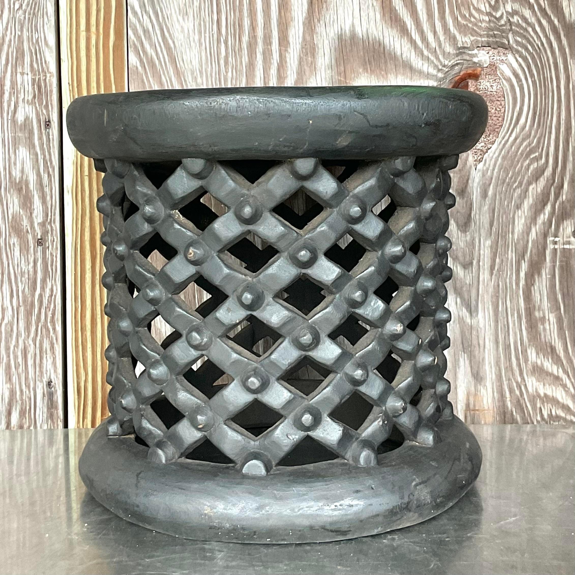 Boho Side Table Chic African Bambileke Style in a Deep Ebony Brown Finish In Good Condition For Sale In west palm beach, FL