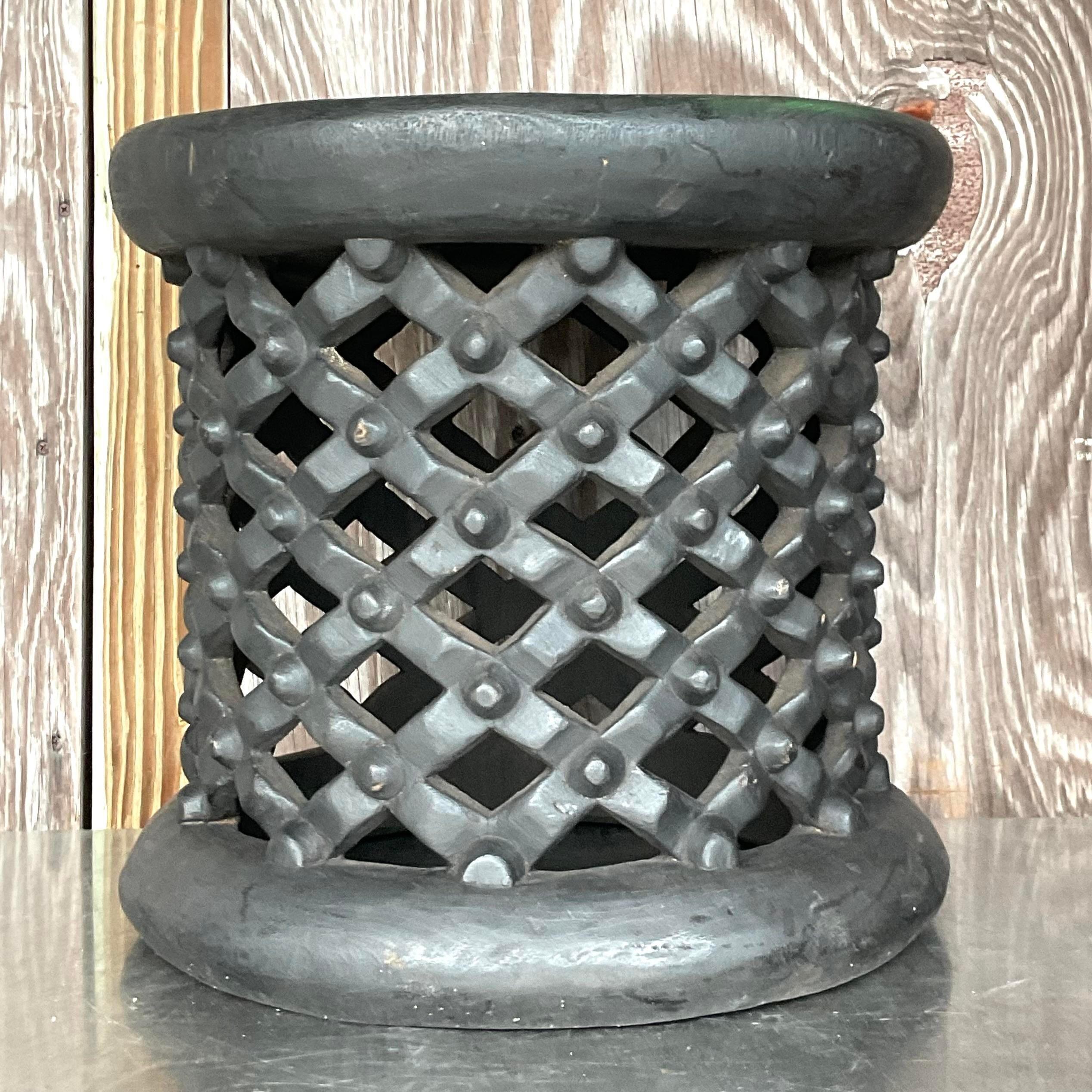 Contemporary Boho Side Table Chic African Bambileke Style in a Deep Ebony Brown Finish For Sale