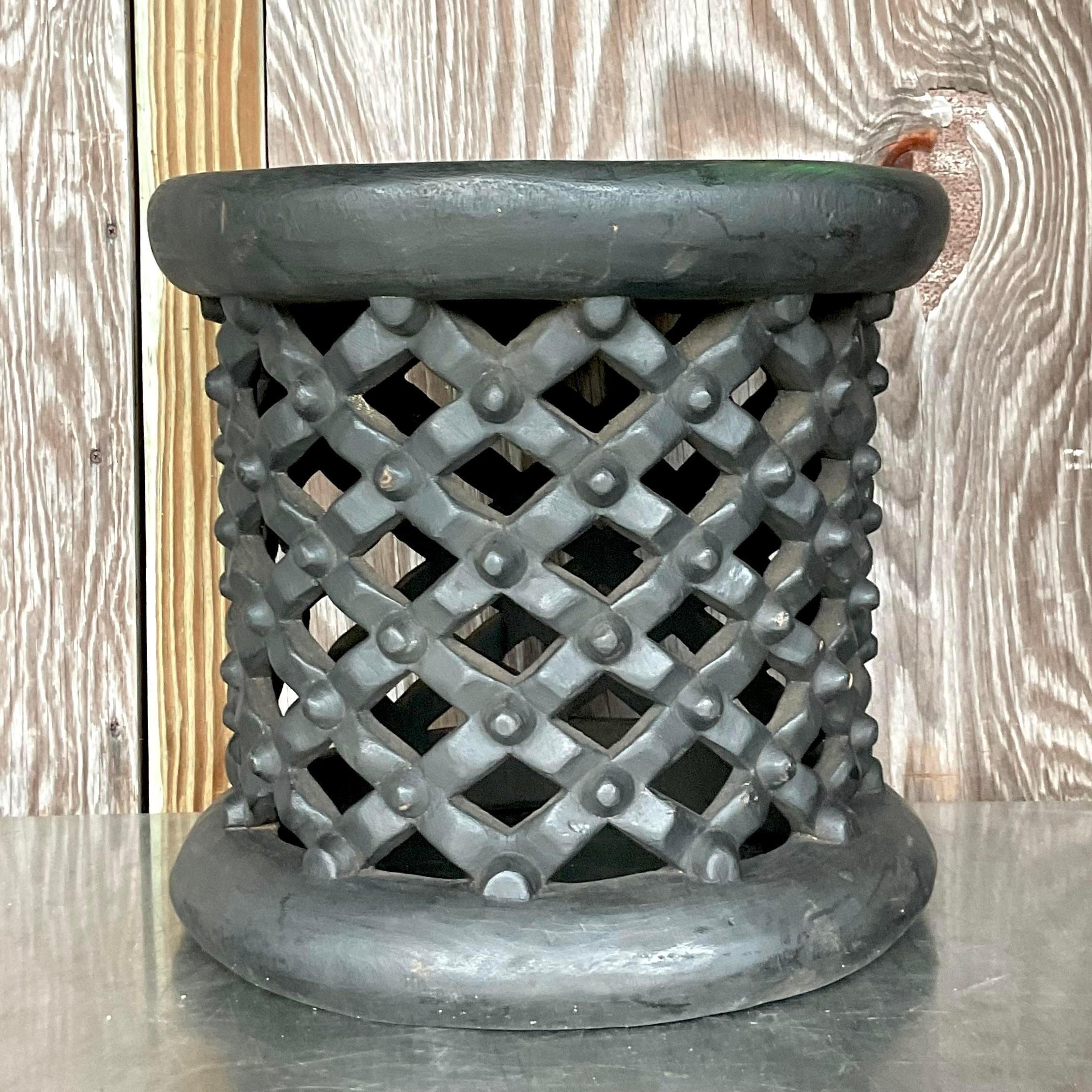 Wood Boho Side Table Chic African Bambileke Style in a Deep Ebony Brown Finish For Sale