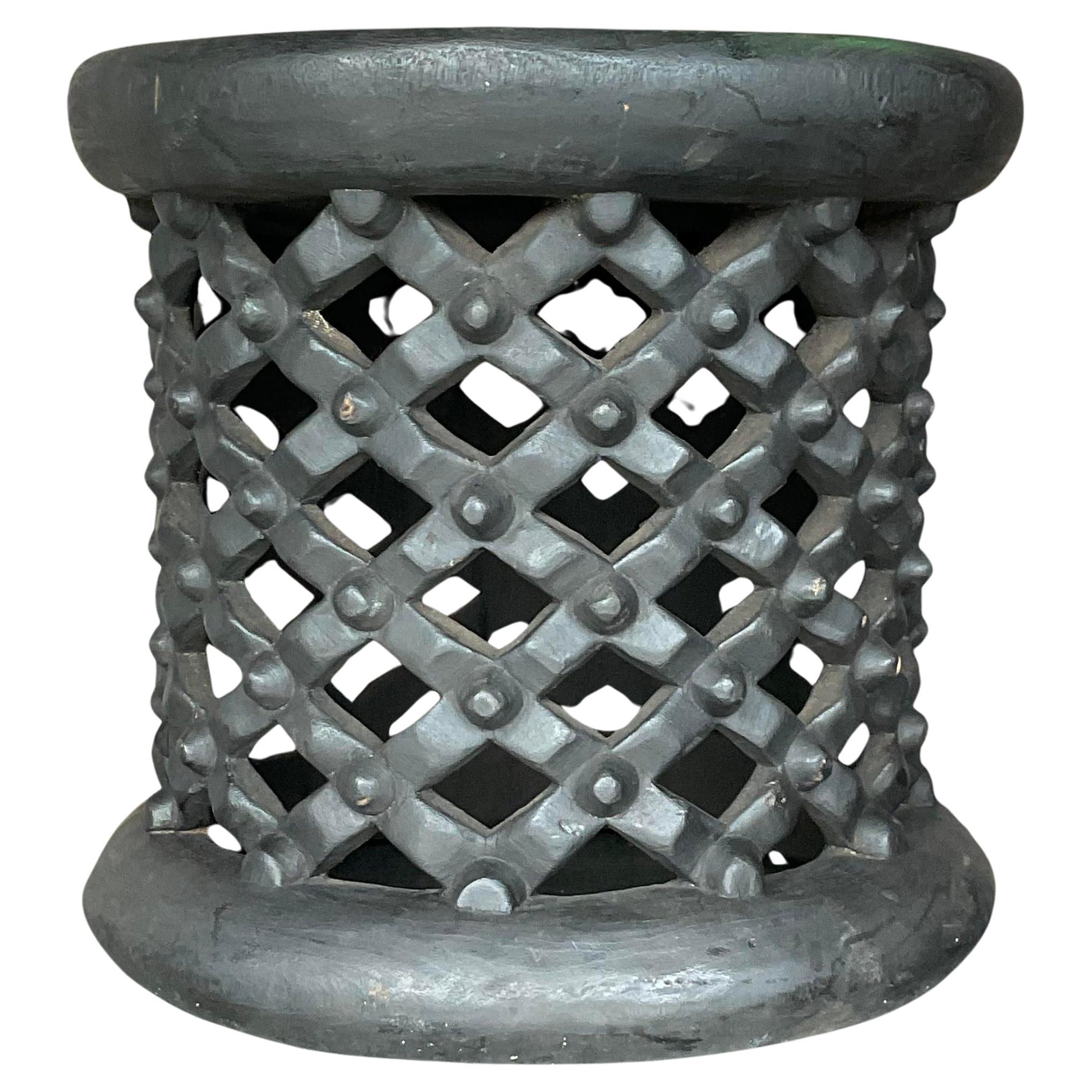 Boho Side Table Chic African Bambileke Style in a Deep Ebony Brown Finish For Sale