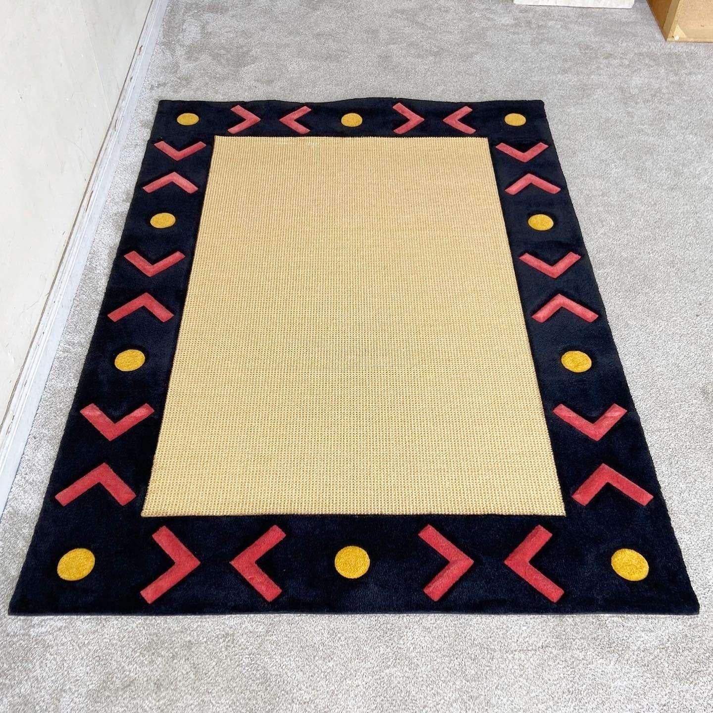 American Boho Southwestern Natural Fiber, Black Red and Yellow Rectangular Area Rug For Sale