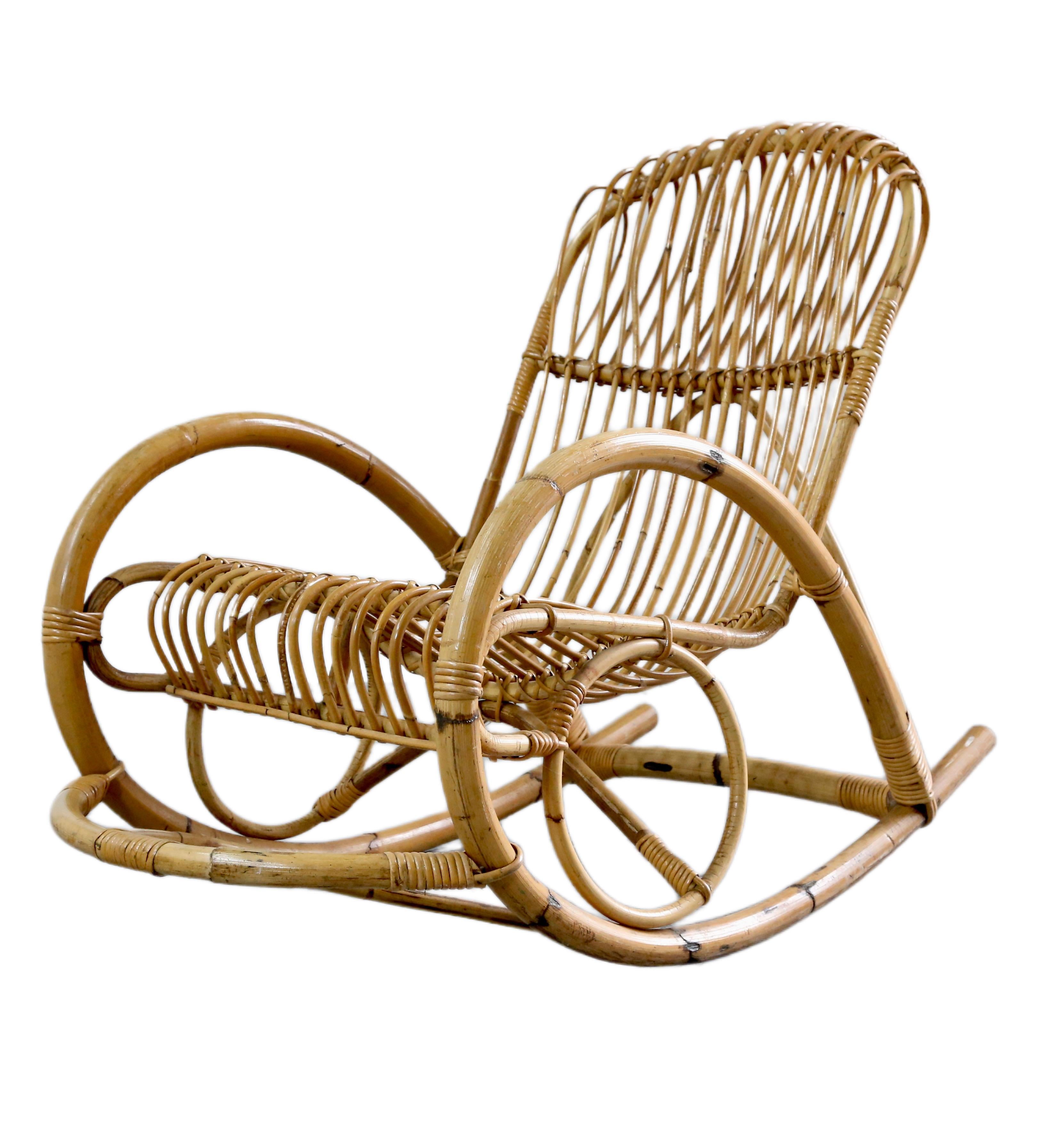 Hand-Crafted Boho Style Bamboo Wicker Rocking Chair By Dirk Van Sliedregt For Rohe Noordwolde For Sale