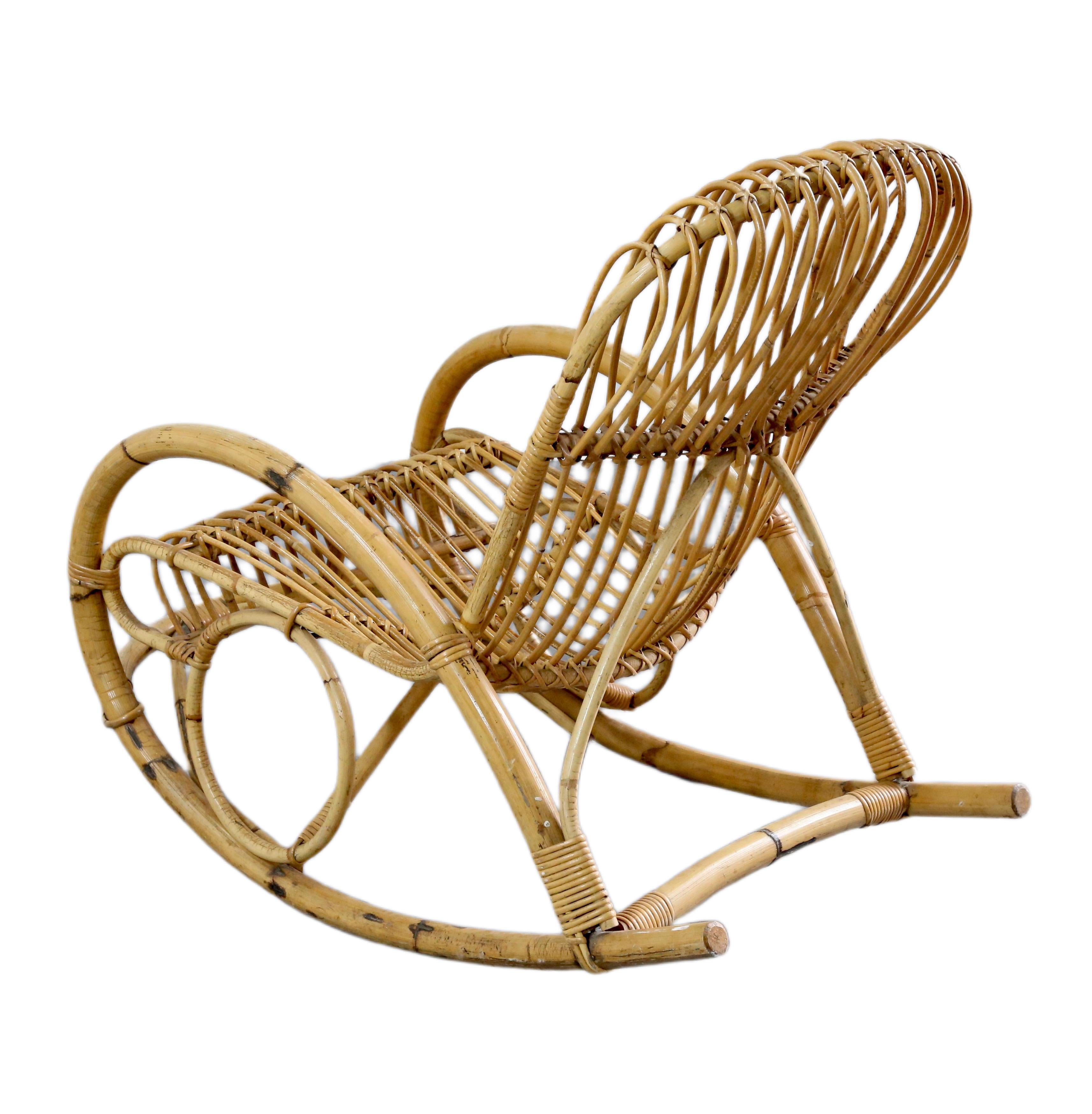 20th Century Boho Style Bamboo Wicker Rocking Chair By Dirk Van Sliedregt For Rohe Noordwolde For Sale