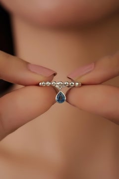Boho Style Blue Sapphire Teardrop Charm Ring in 14K White Gold with Beaded Band