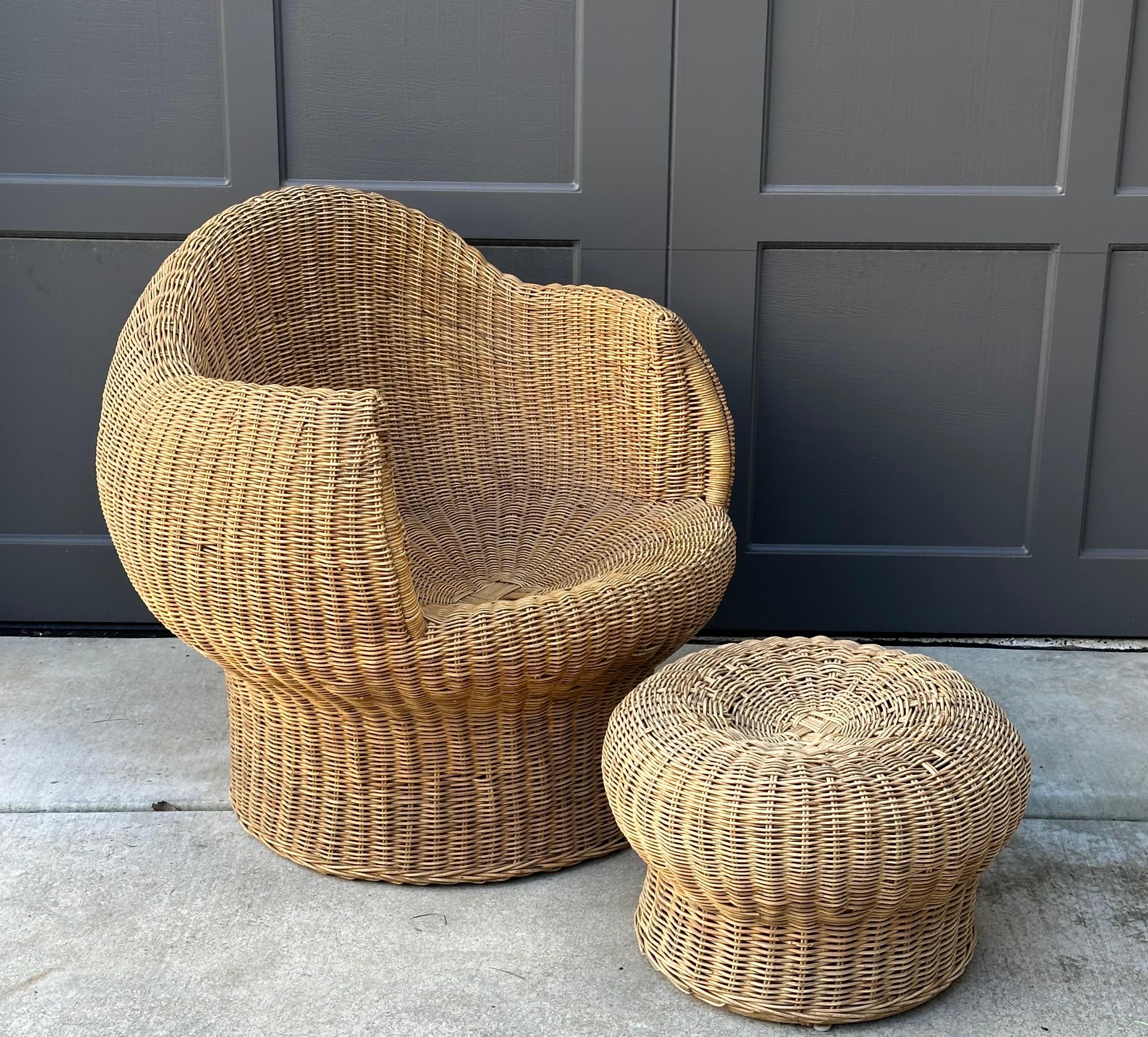 Boho Style Sculptural Wicker Chair and Ottoman For Sale 10