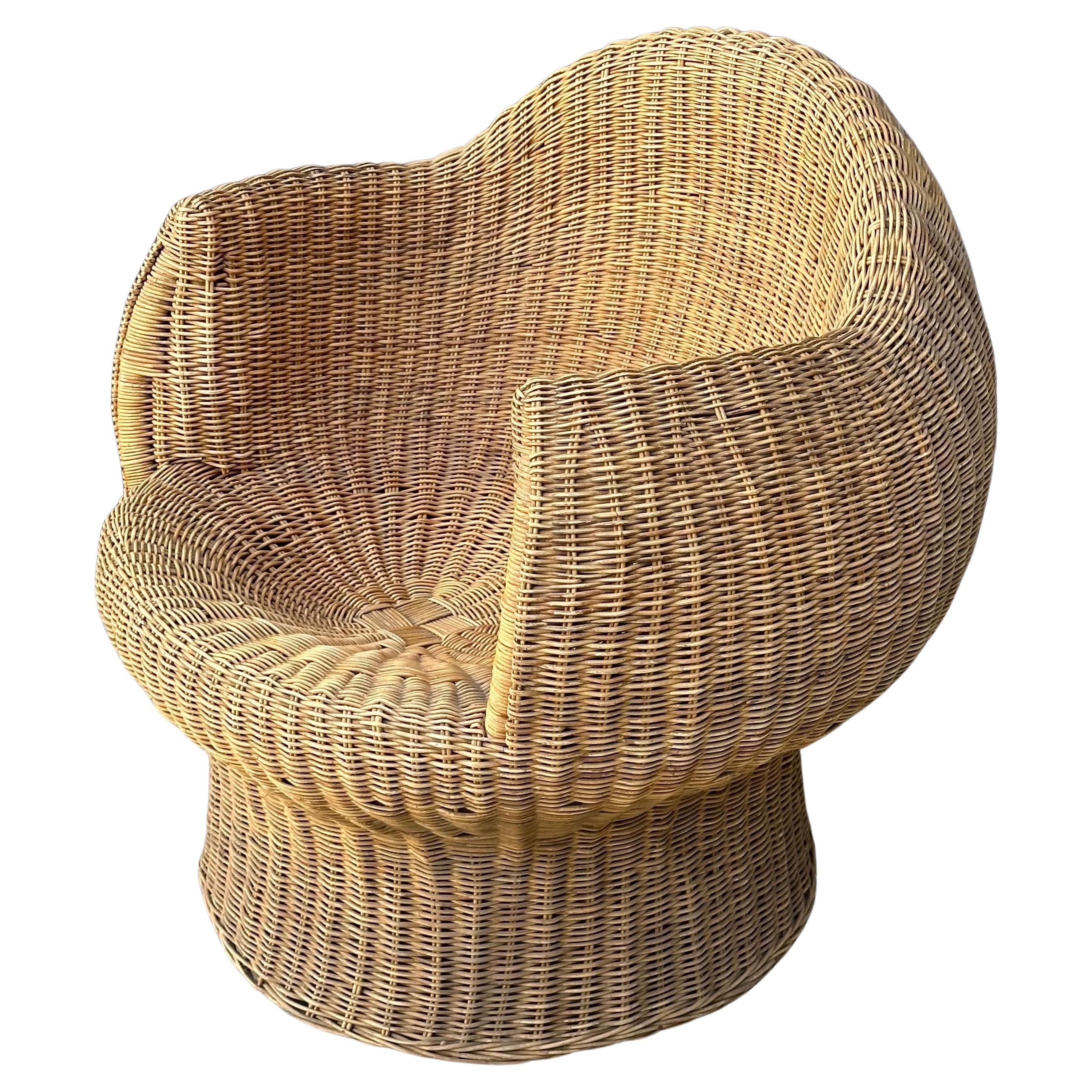 Mid-Century Modern Boho Style Sculptural Wicker Chair and Ottoman For Sale