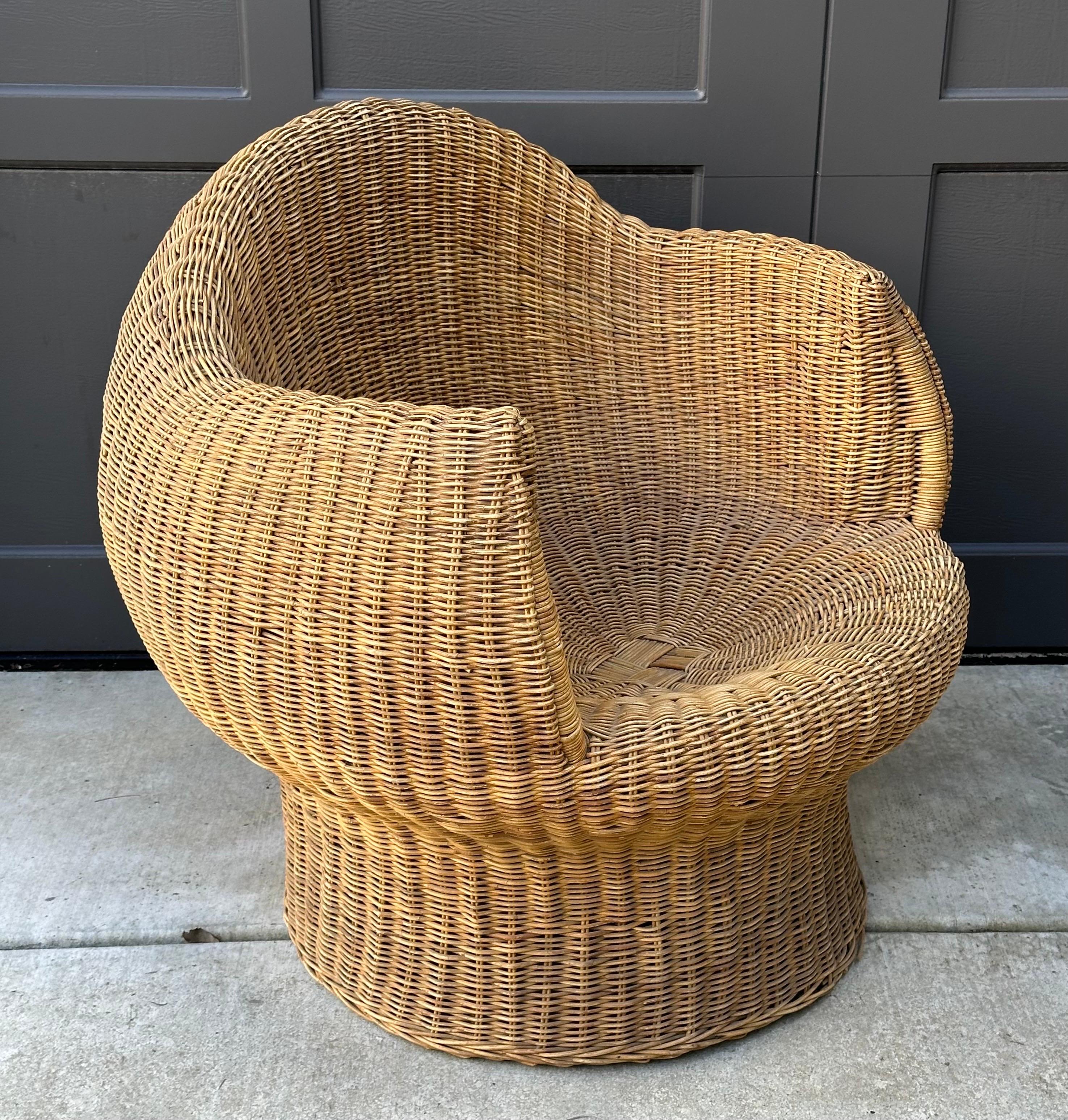 20th Century Boho Style Sculptural Wicker Chair and Ottoman For Sale