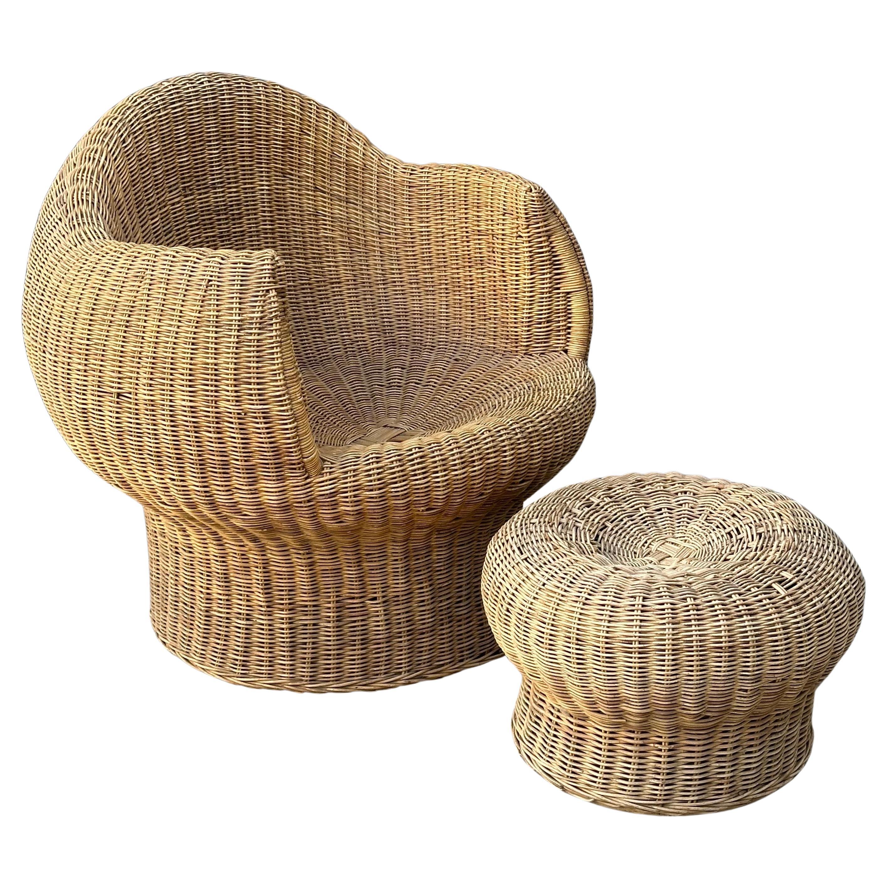 Boho Style Sculptural Wicker Chair and Ottoman