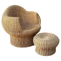 Vintage Boho Style Sculptural Wicker Chair and Ottoman