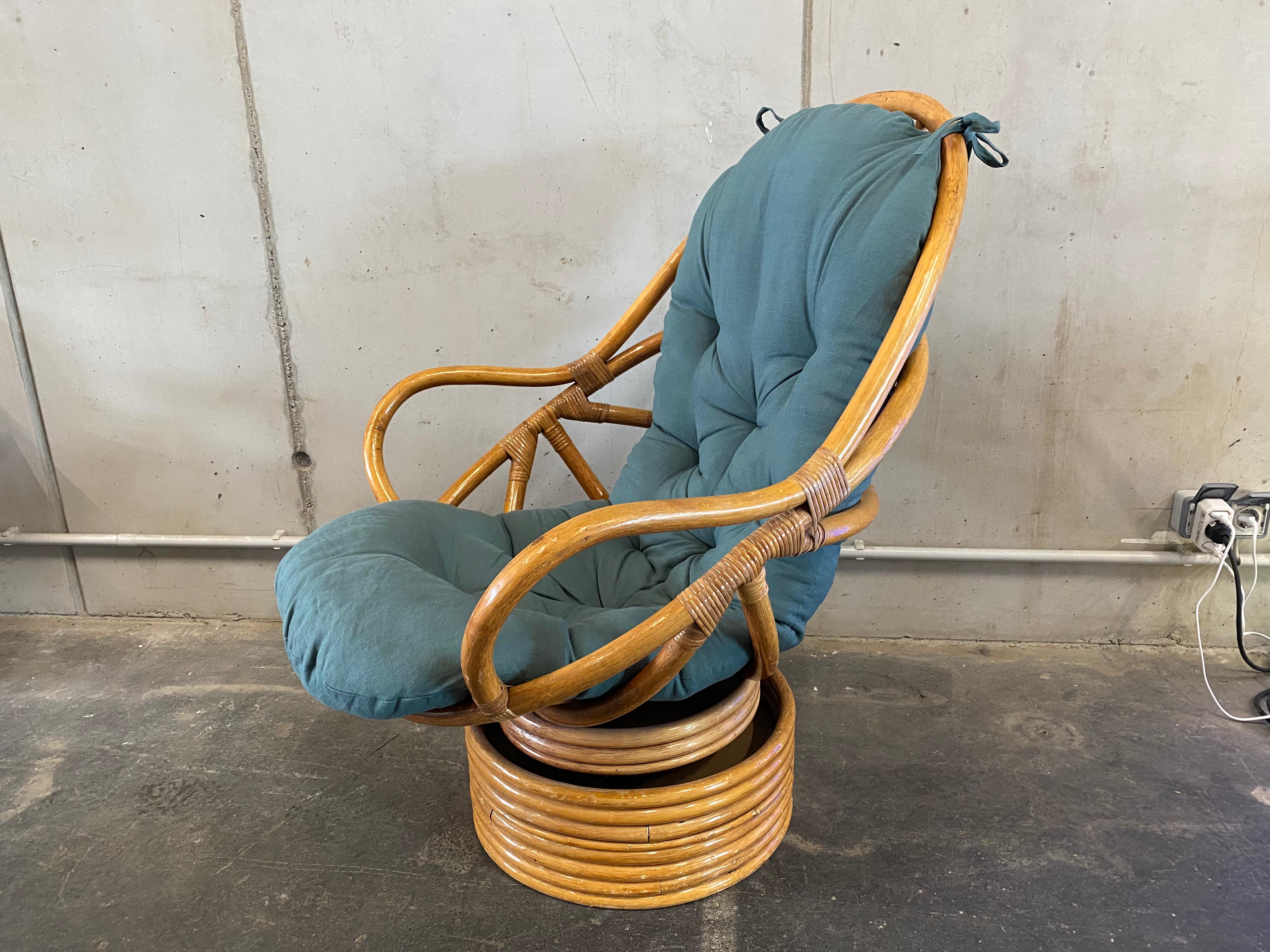 Boho Style Upholstered Wicker Rattan Armchair, 1970s In Good Condition For Sale In Hamburg, DE