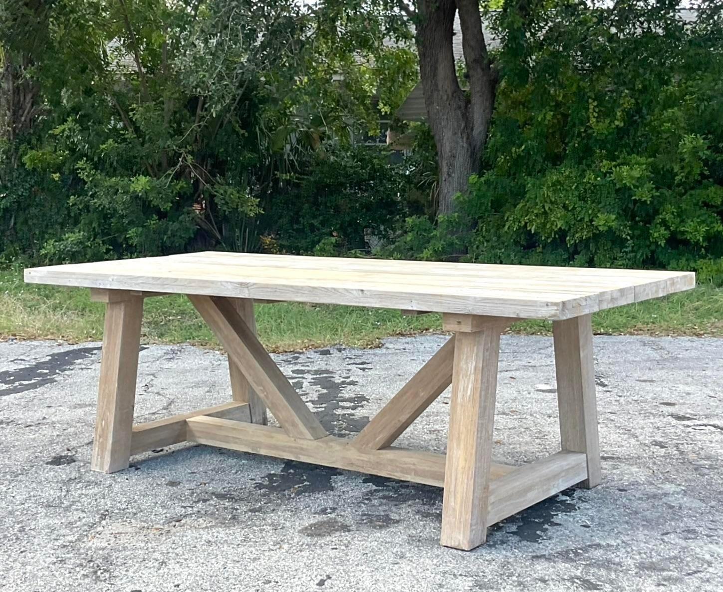 Vintage Boho Washed Reclaimed Wood Trestle Farm Table For Sale 5