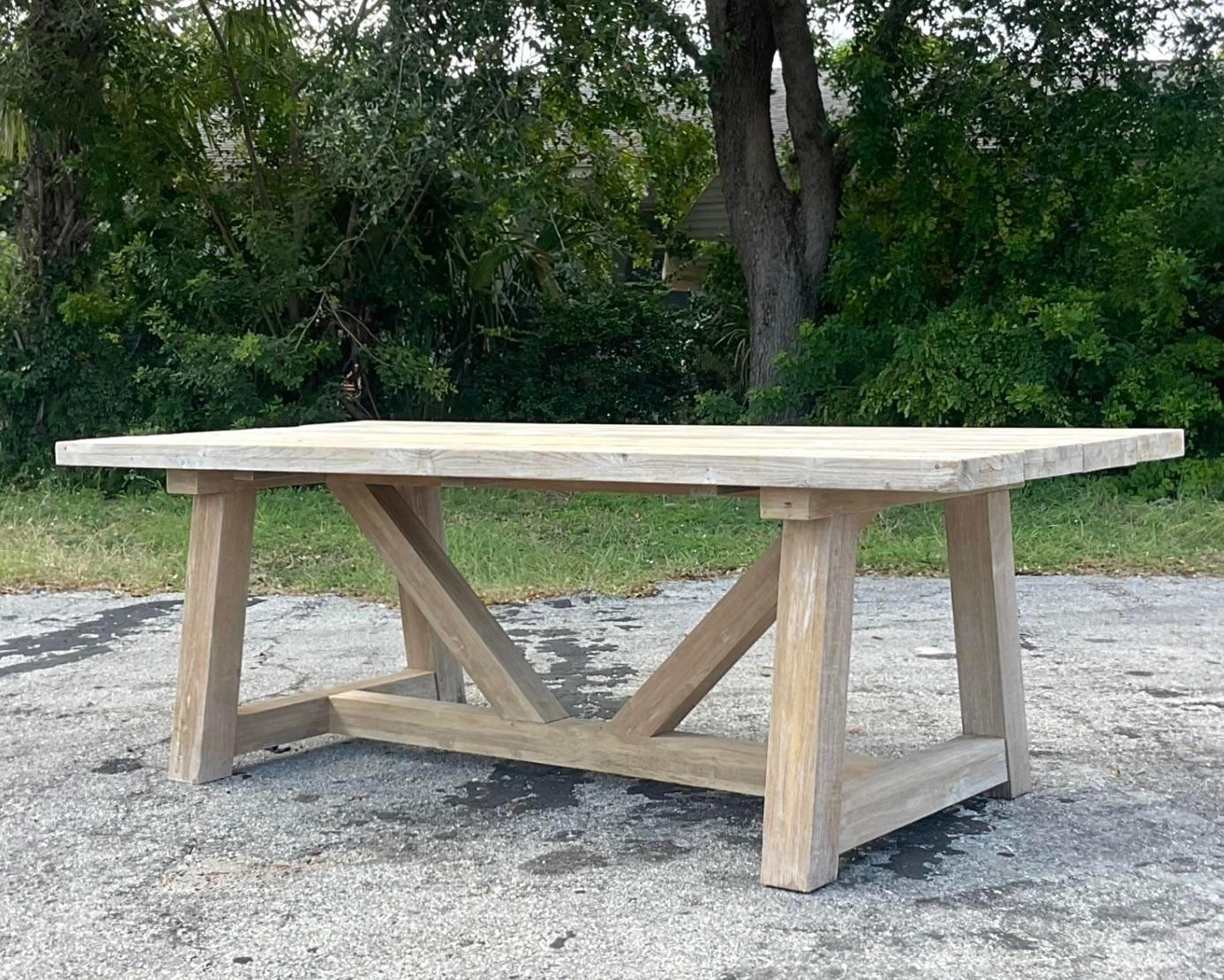 Vietnamese Vintage Boho Washed Reclaimed Wood Trestle Farm Table For Sale