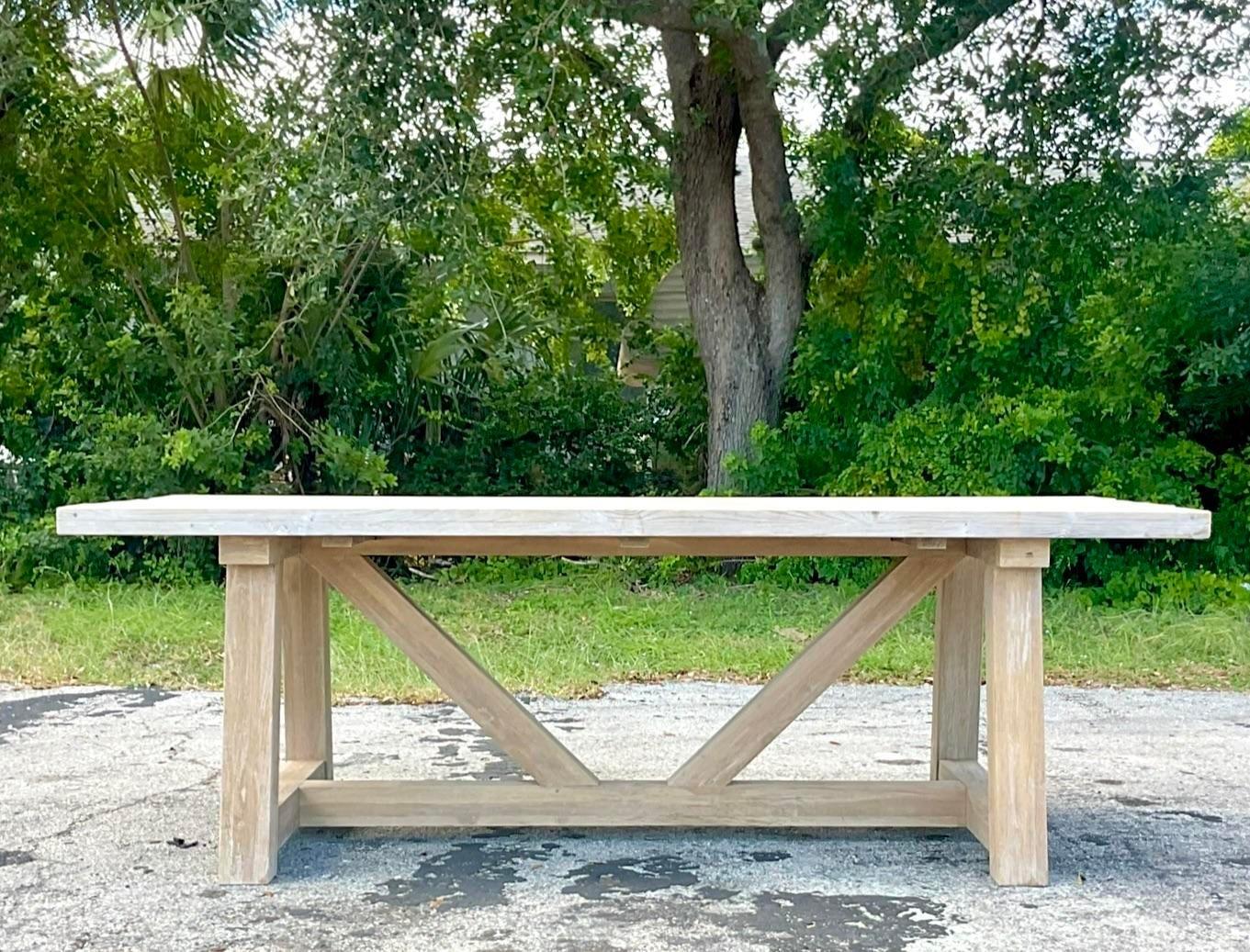 Vintage Boho Washed Reclaimed Wood Trestle Farm Table For Sale 1