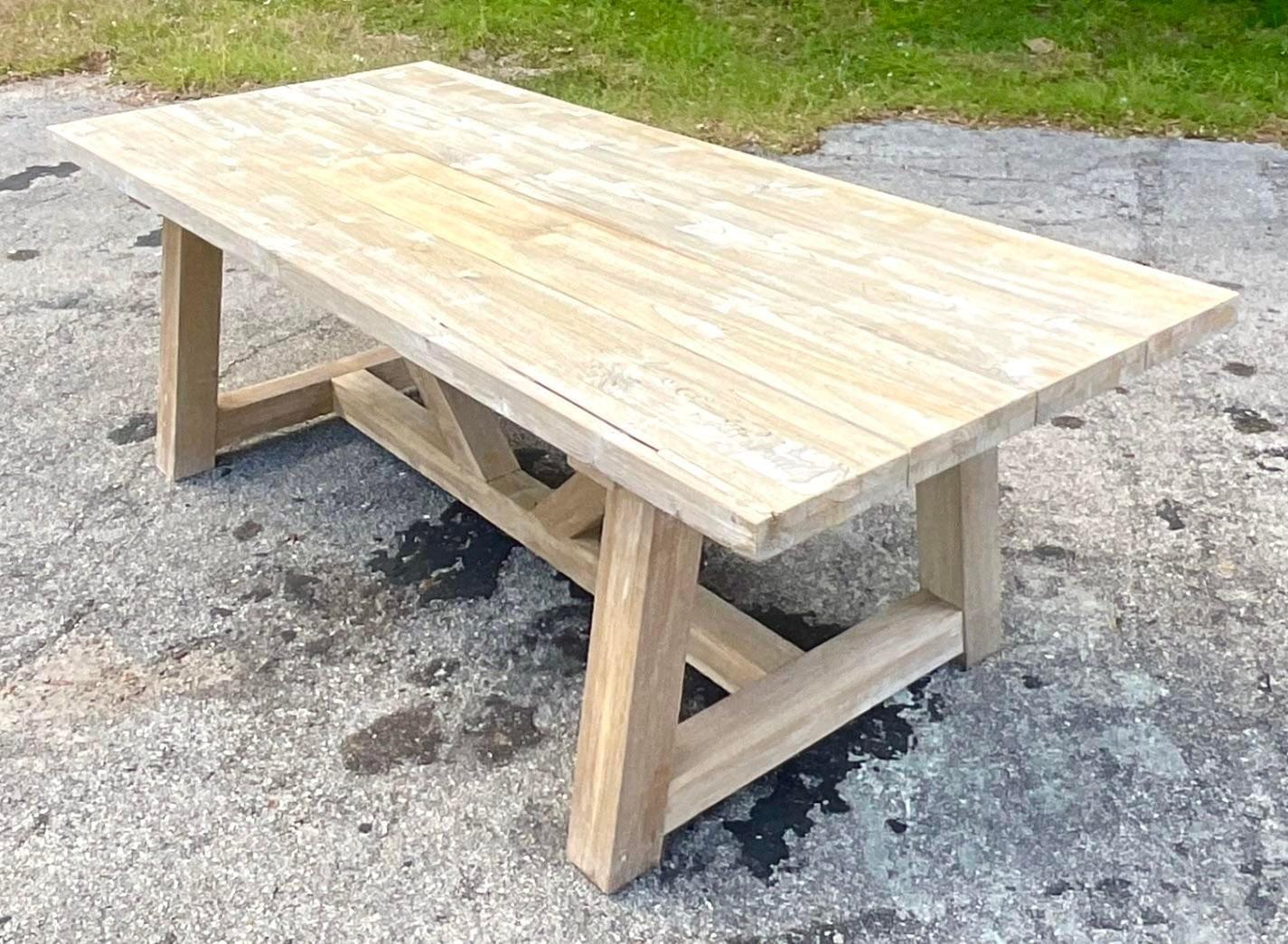 Vintage Boho Washed Reclaimed Wood Trestle Farm Table For Sale 2