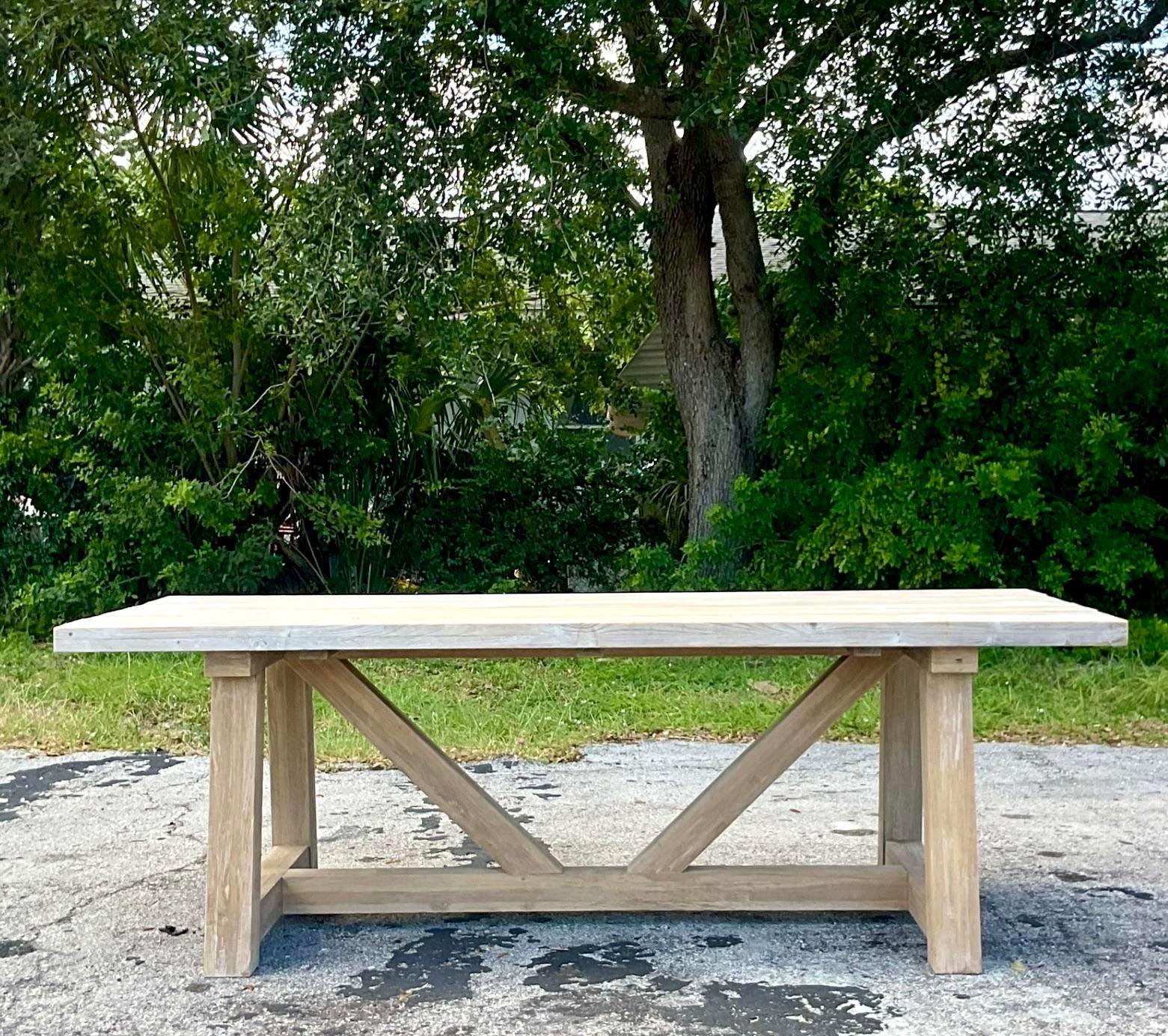 Vintage Boho Washed Reclaimed Wood Trestle Farm Table For Sale 3