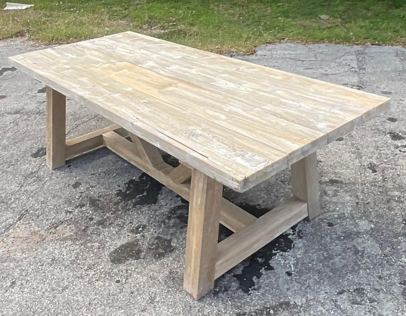 Vintage Boho Washed Reclaimed Wood Trestle Farm Table For Sale 4