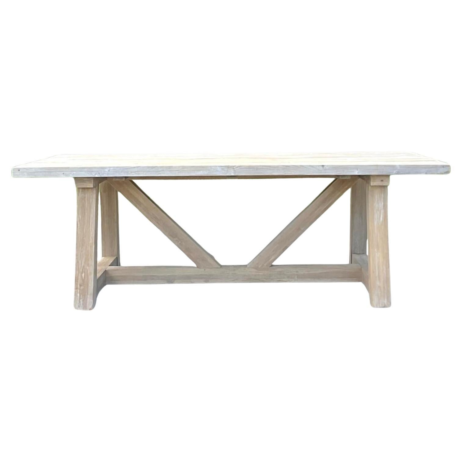 Vintage Boho Washed Reclaimed Wood Trestle Farm Table For Sale