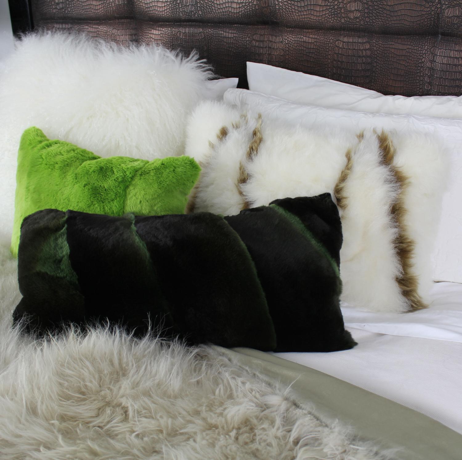 Scandinavian Modern Boho White and Gold Sheepskin Pillow, Made in Australia For Sale