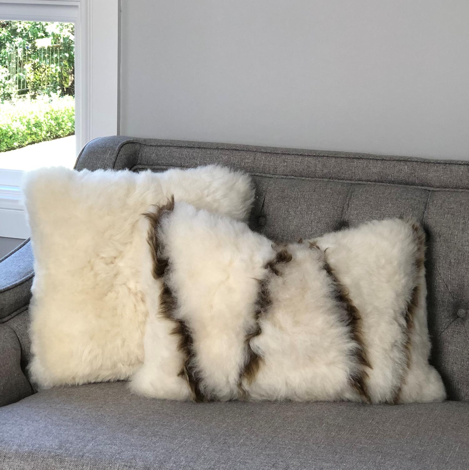 Australian Boho White and Gold Sheepskin Pillow, Made in Australia For Sale