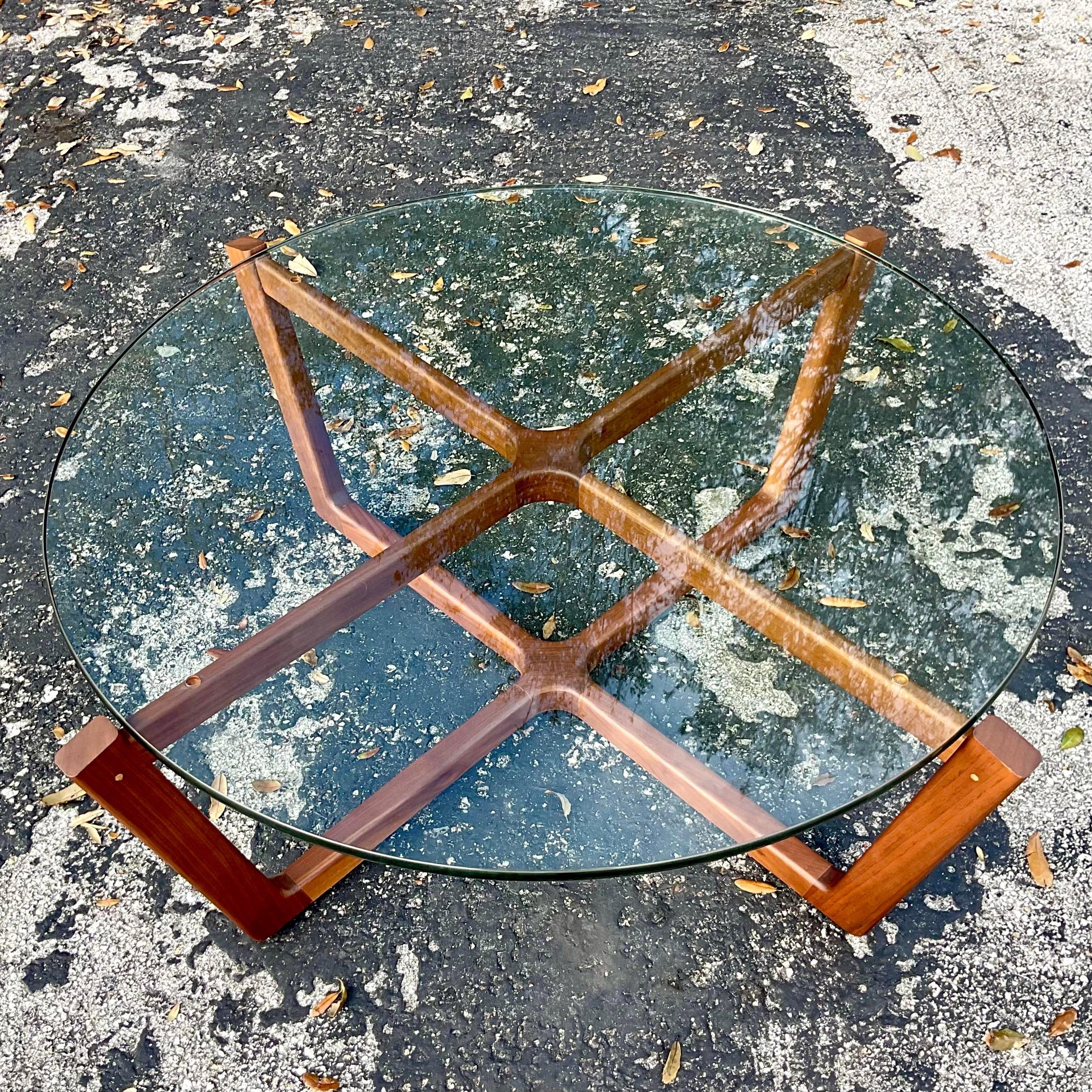 Glass Boho Wood Frame Coffee Table After Adrian Pearsall For Sale