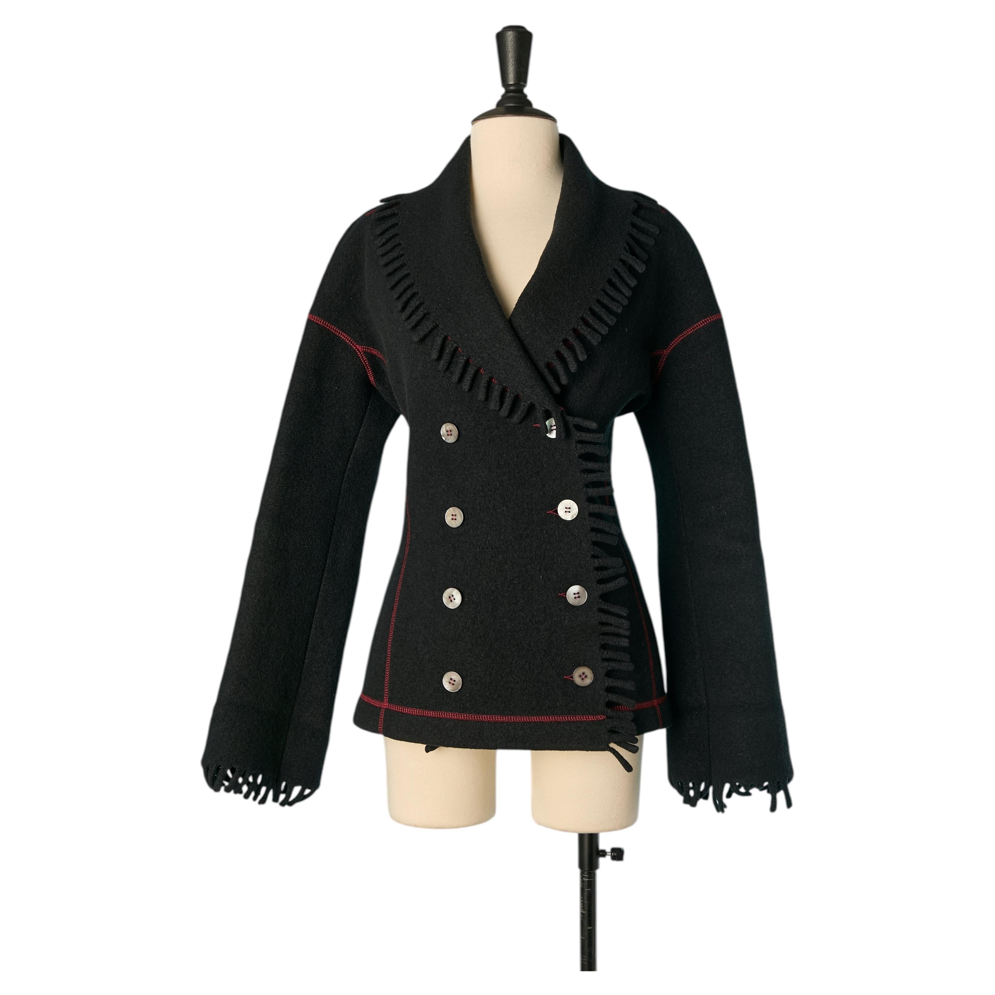 Boiled wool double-breasted jacket with red top-stitching and fringes edge ALAIA For Sale