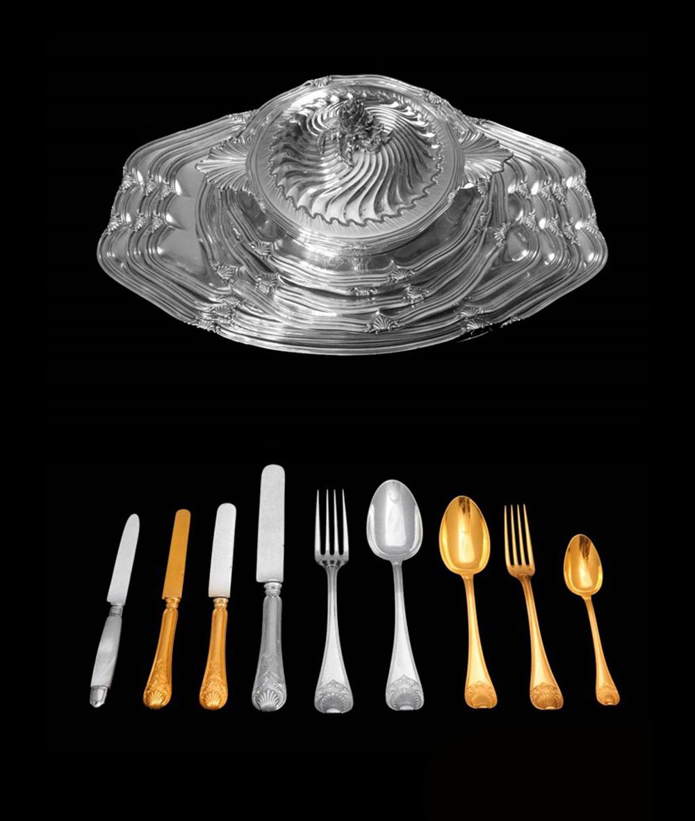 Direct from a Private Mansion in St. Tropez, a Stunning 19th Century 950 Sterling Silver and Vermeil Table Service by Premier French Silversmith 