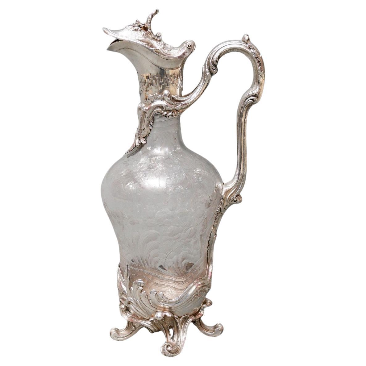 Boin Taburet – Ewer In Engraved Crystal And Solid Silver 19th Century For Sale
