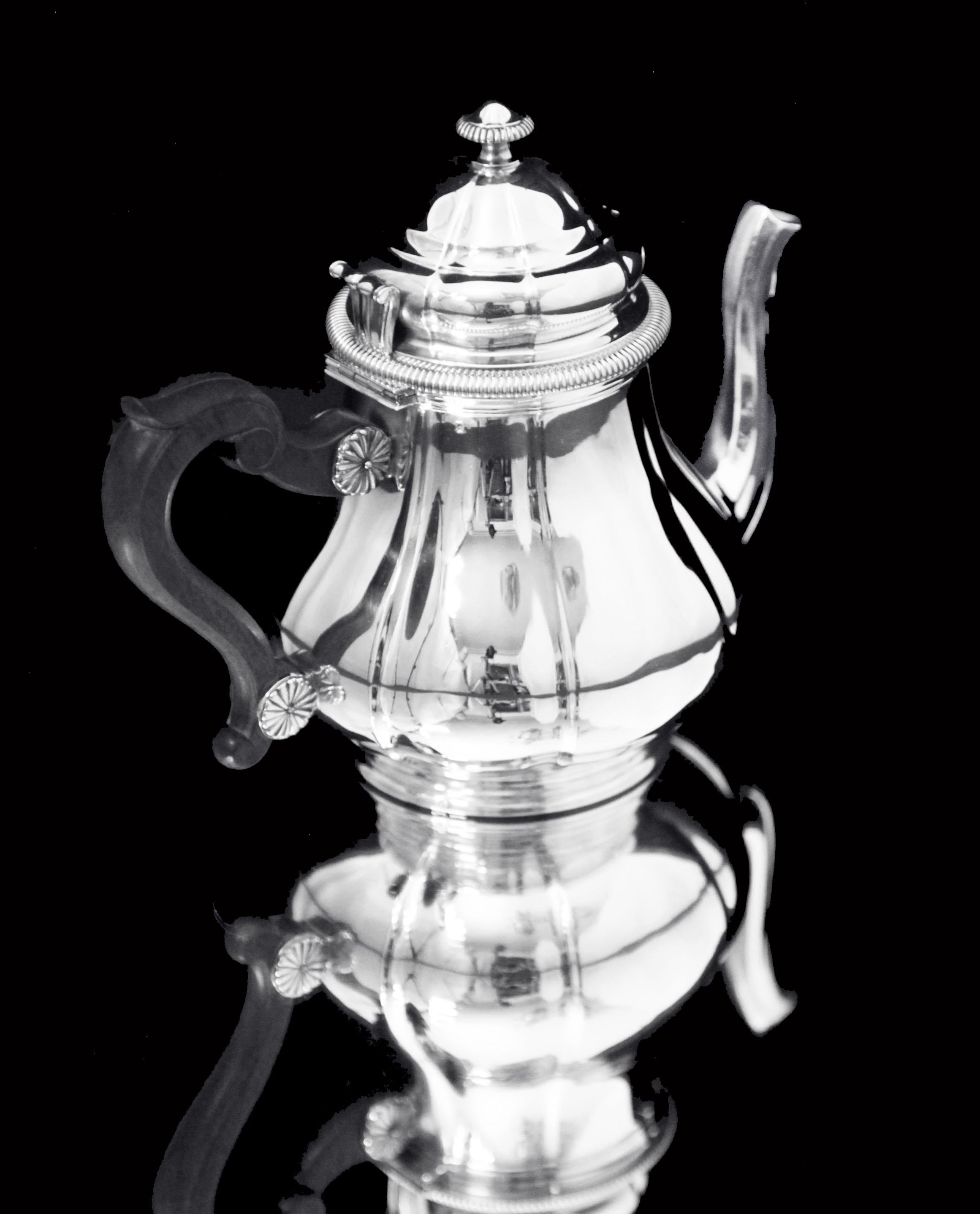Boin-Taburet & Faberge, - 8pc. 950 Sterling Tea Set + 6 Faberge Espresso Cups For Sale 2