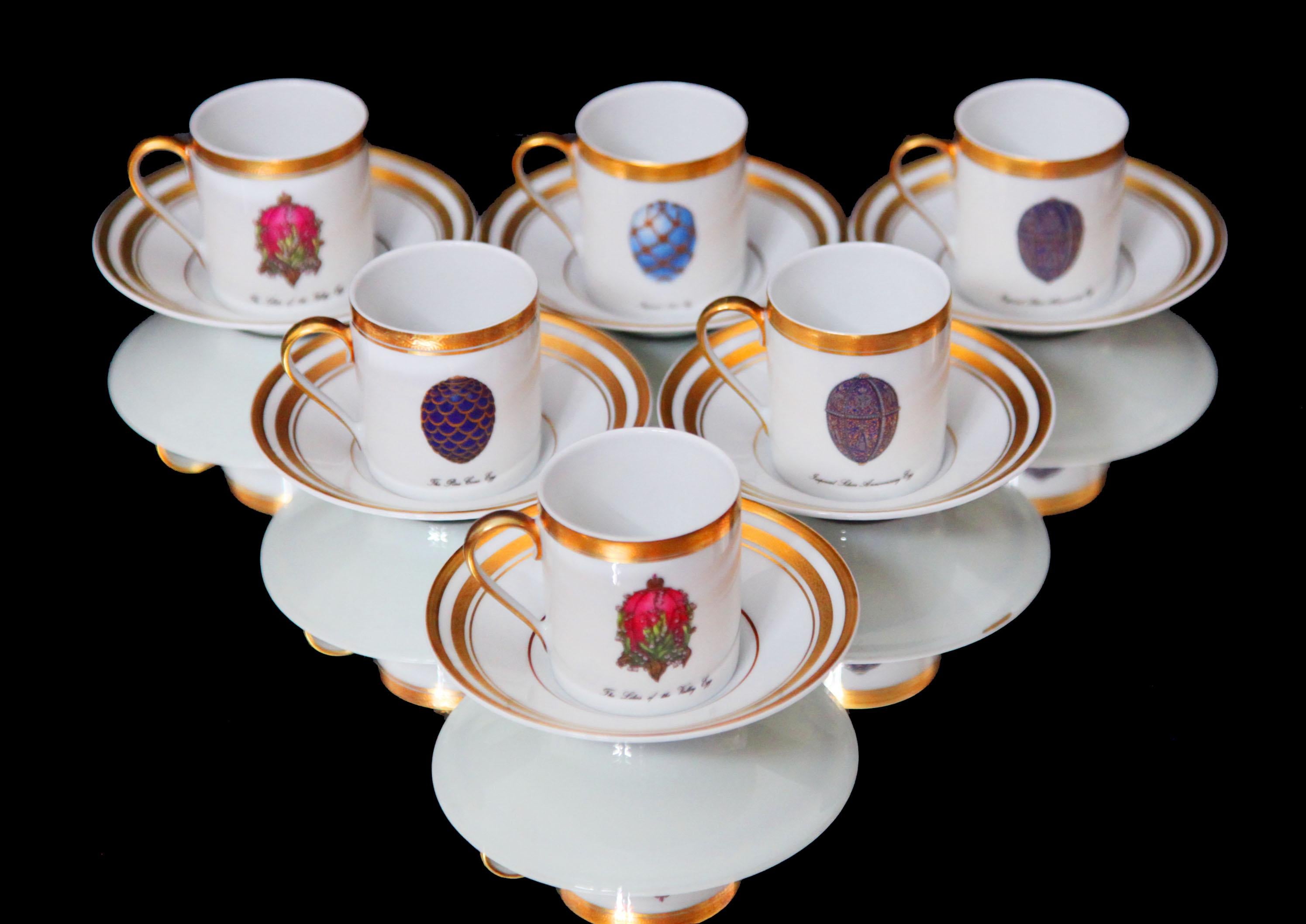 Louis XVI Boin-Taburet & Faberge, - 8pc. 950 Sterling Tea Set + 6 Faberge Espresso Cups For Sale