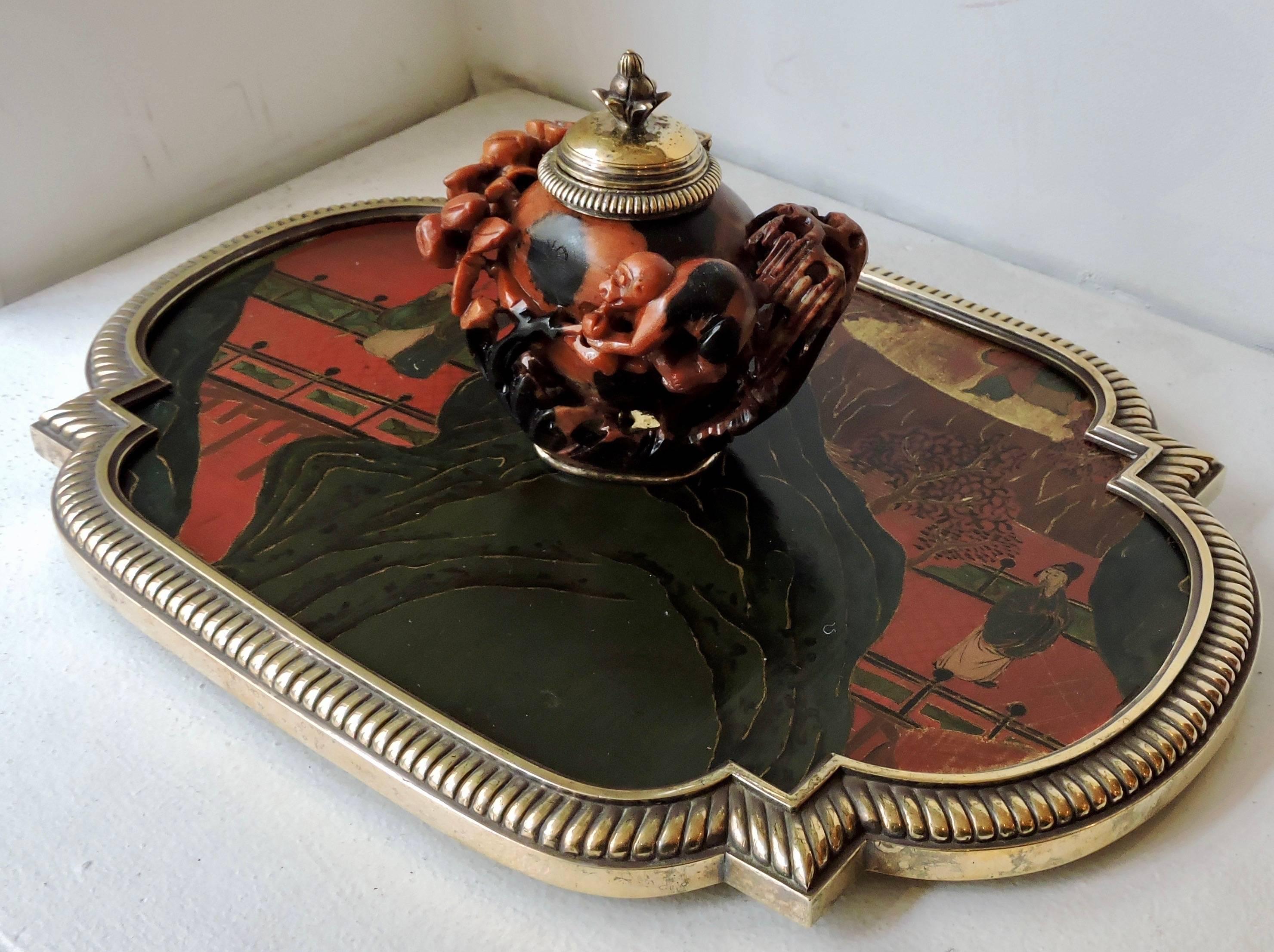 Louis XVI Boin-Taburet Paris Soapstone Inkwell, Ormolu and Chinese Lacquer, circa 1880