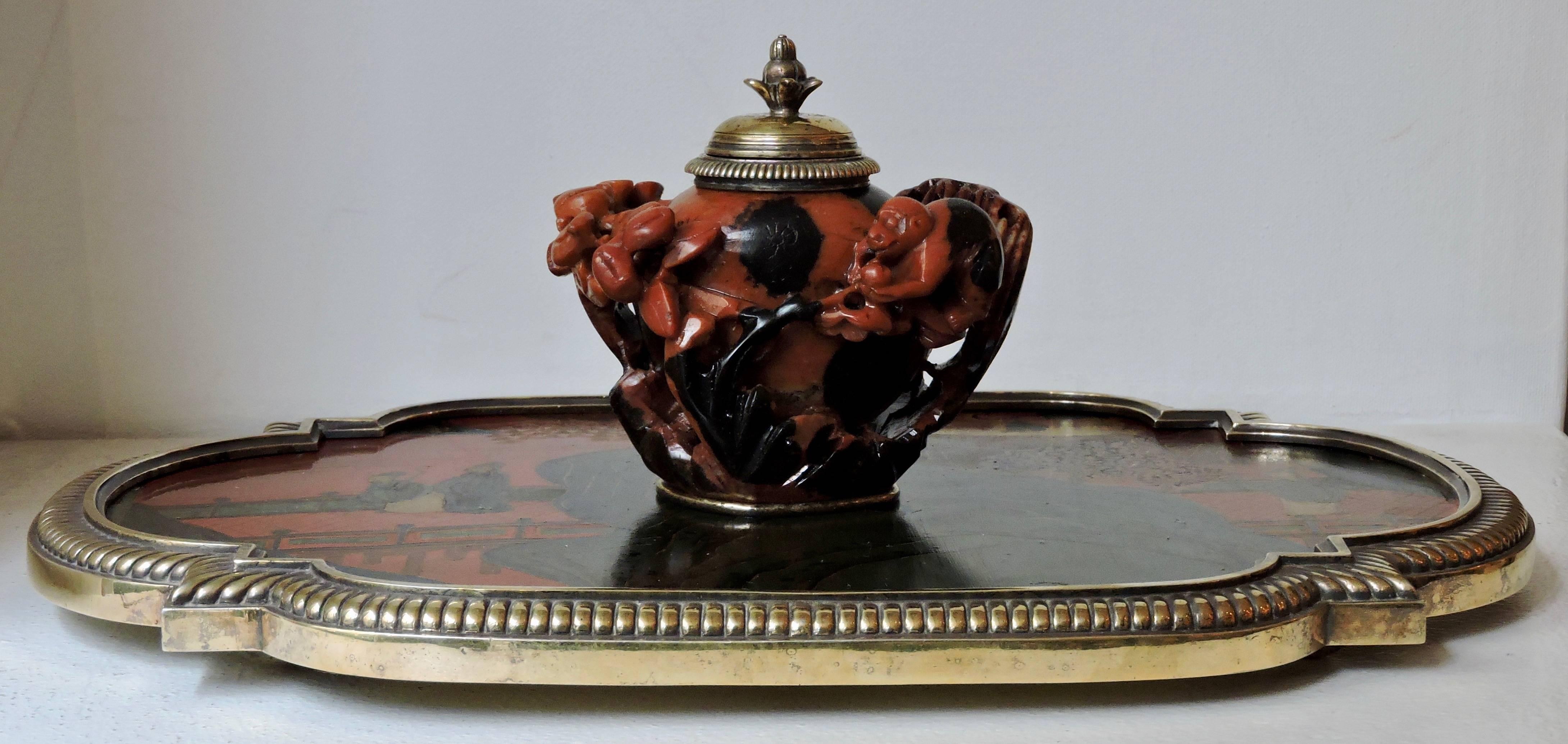 French Boin-Taburet Paris Soapstone Inkwell, Ormolu and Chinese Lacquer, circa 1880