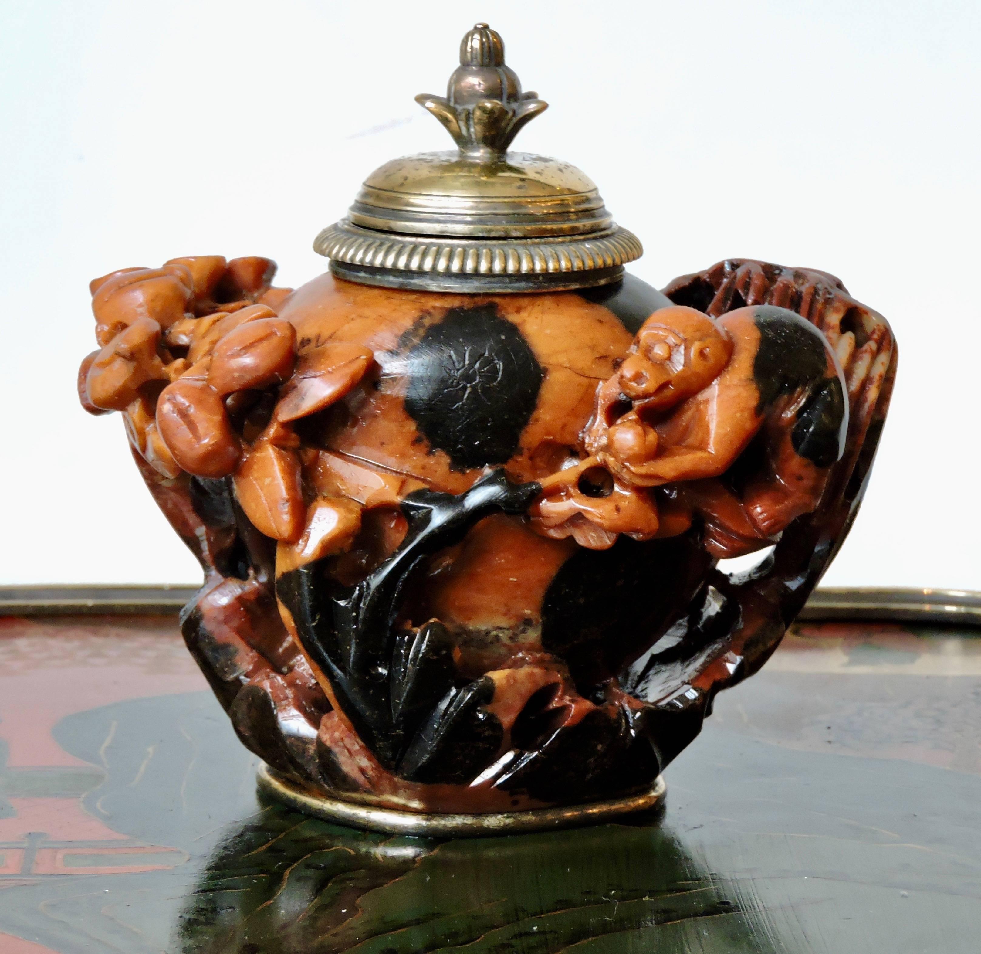 Late 19th Century Boin-Taburet Paris Soapstone Inkwell, Ormolu and Chinese Lacquer, circa 1880