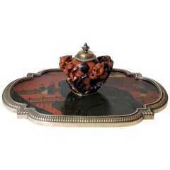 Encrier en pierre à savon de Boin-Taburet Paris, bronze doré et laque de Chine, vers 1880