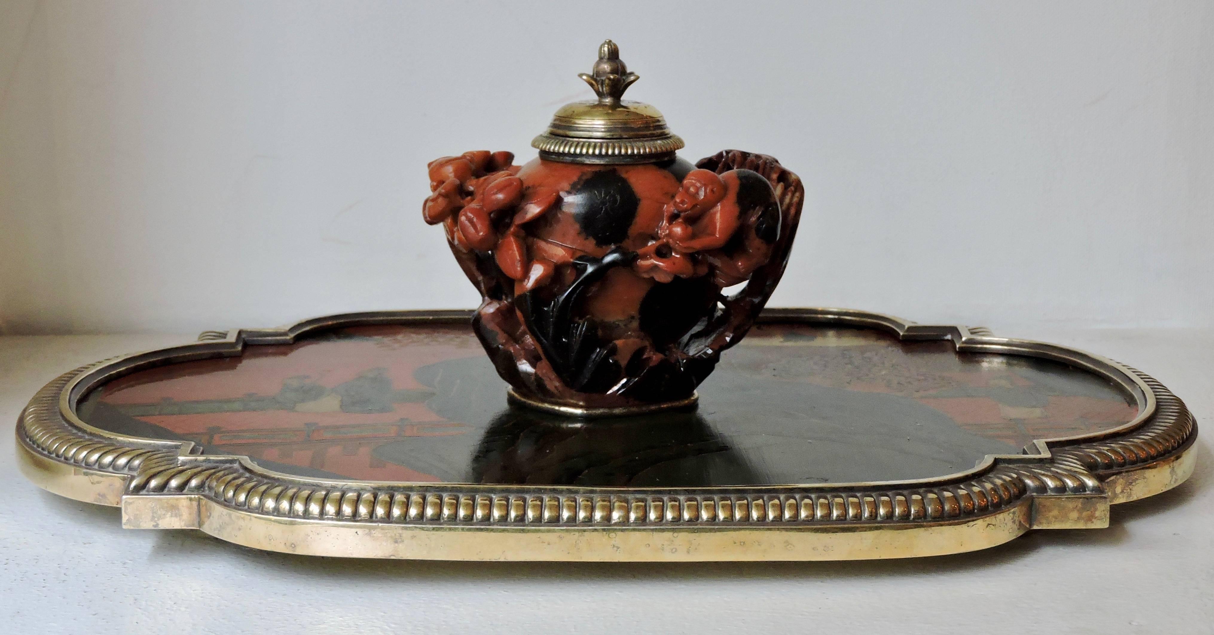 Hand-Carved Boin-Taburet Paris Soapstone Inkwell, Ormolu and Chinese Lacquer, circa 1880