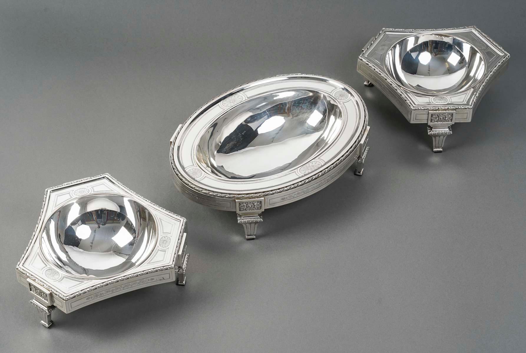 19th Century BOIN TABURET – THREE-PART table centerpiece SOLID SILVER LATE 19TH CENTURY For Sale